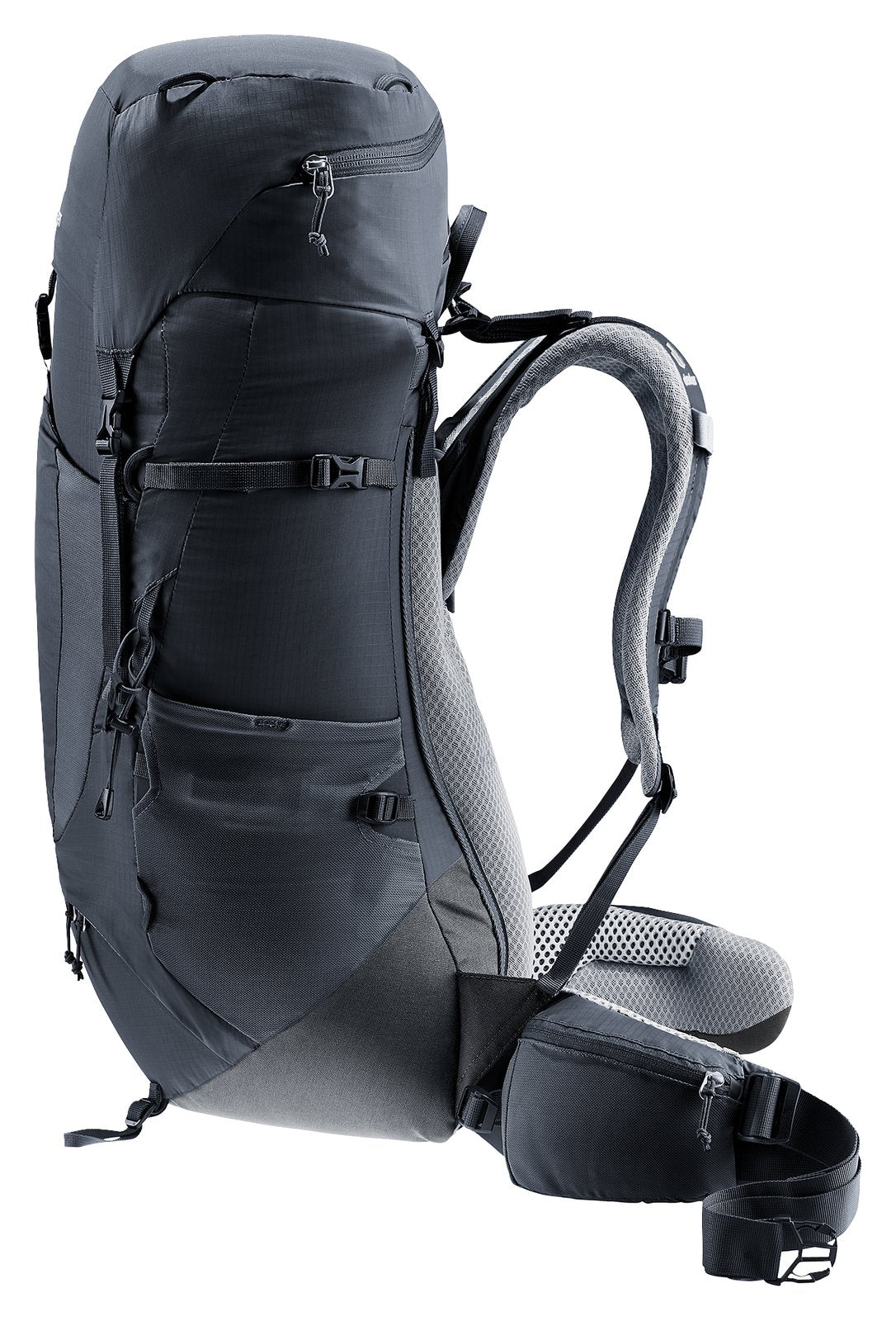 Deuter Aircontact Lite 35 + 10 SL in Black Graphite, side three-quarter view of the front and lid