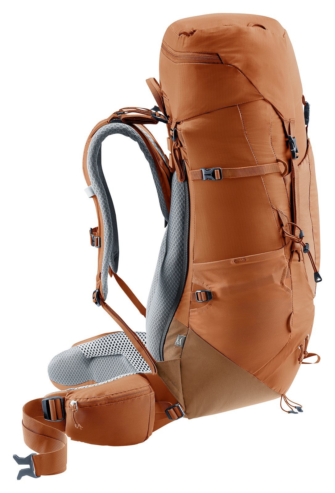 Deuter Aircontact Lite 35 + 10 SL in Pecan Mocha, side view showing the stretch side pocket