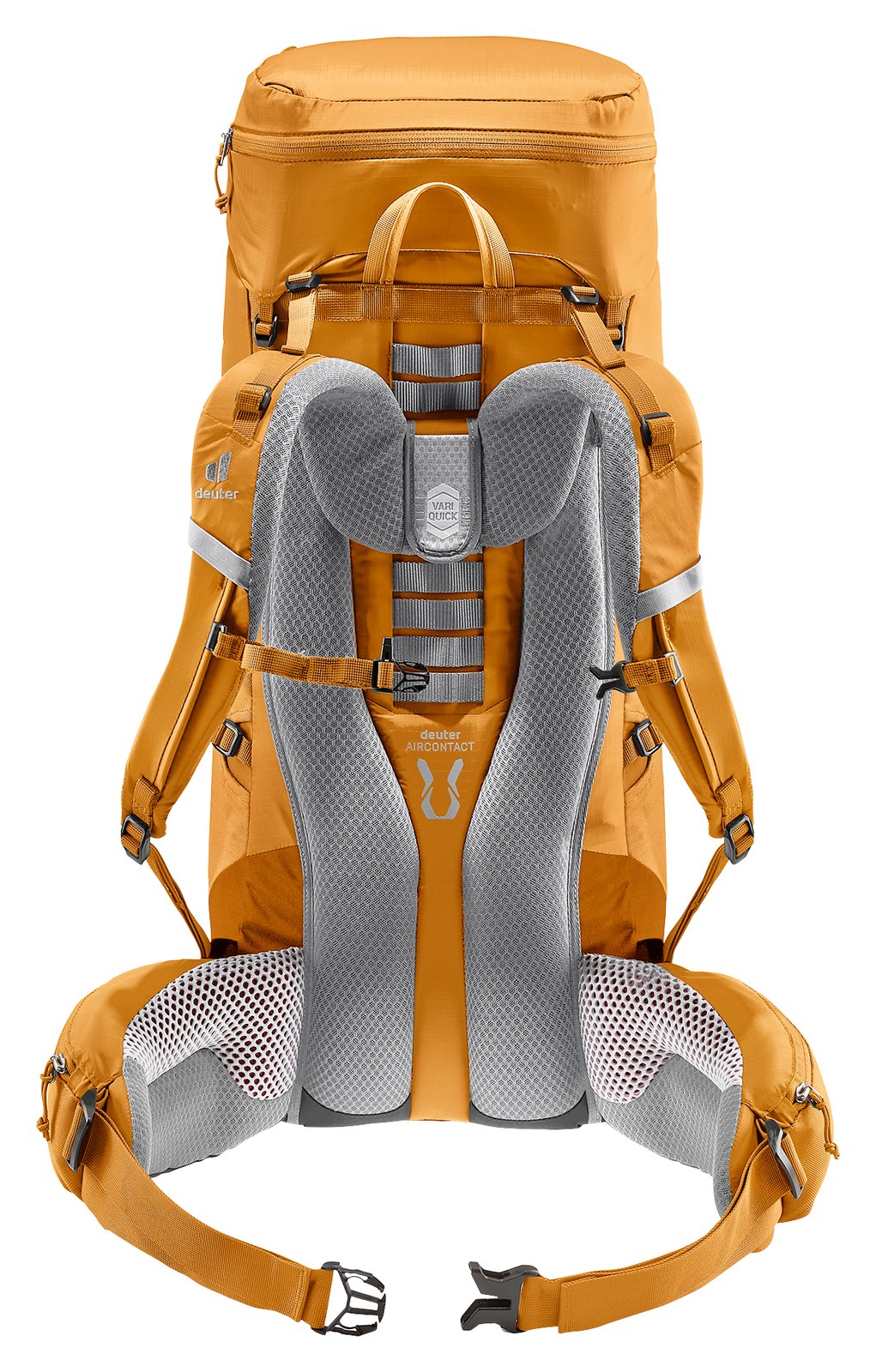 Back of the Deuter Aircontact Lite 40 + 10 in Amber Maple showing back pads and shoulder straps