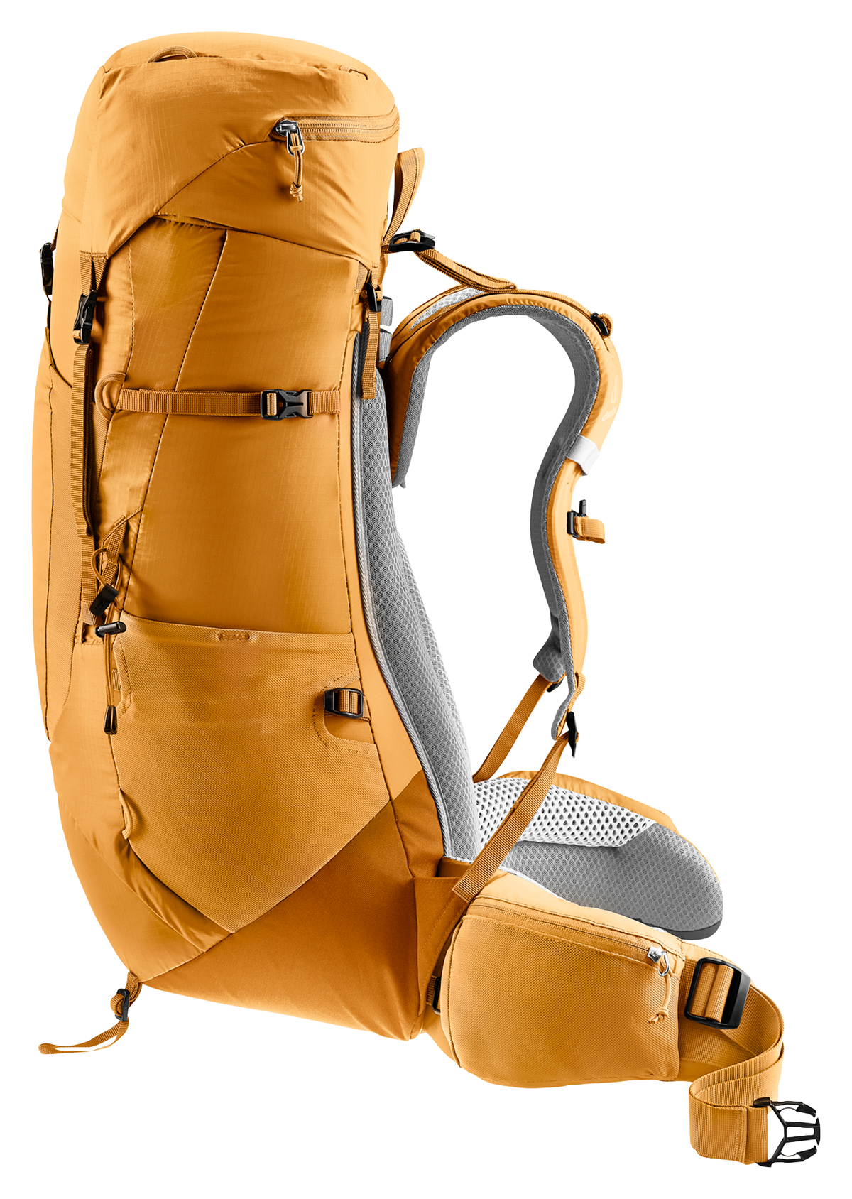 Deuter Aircontact Lite 40 + 10 in Amber Maple, side view of the lid and side pocket