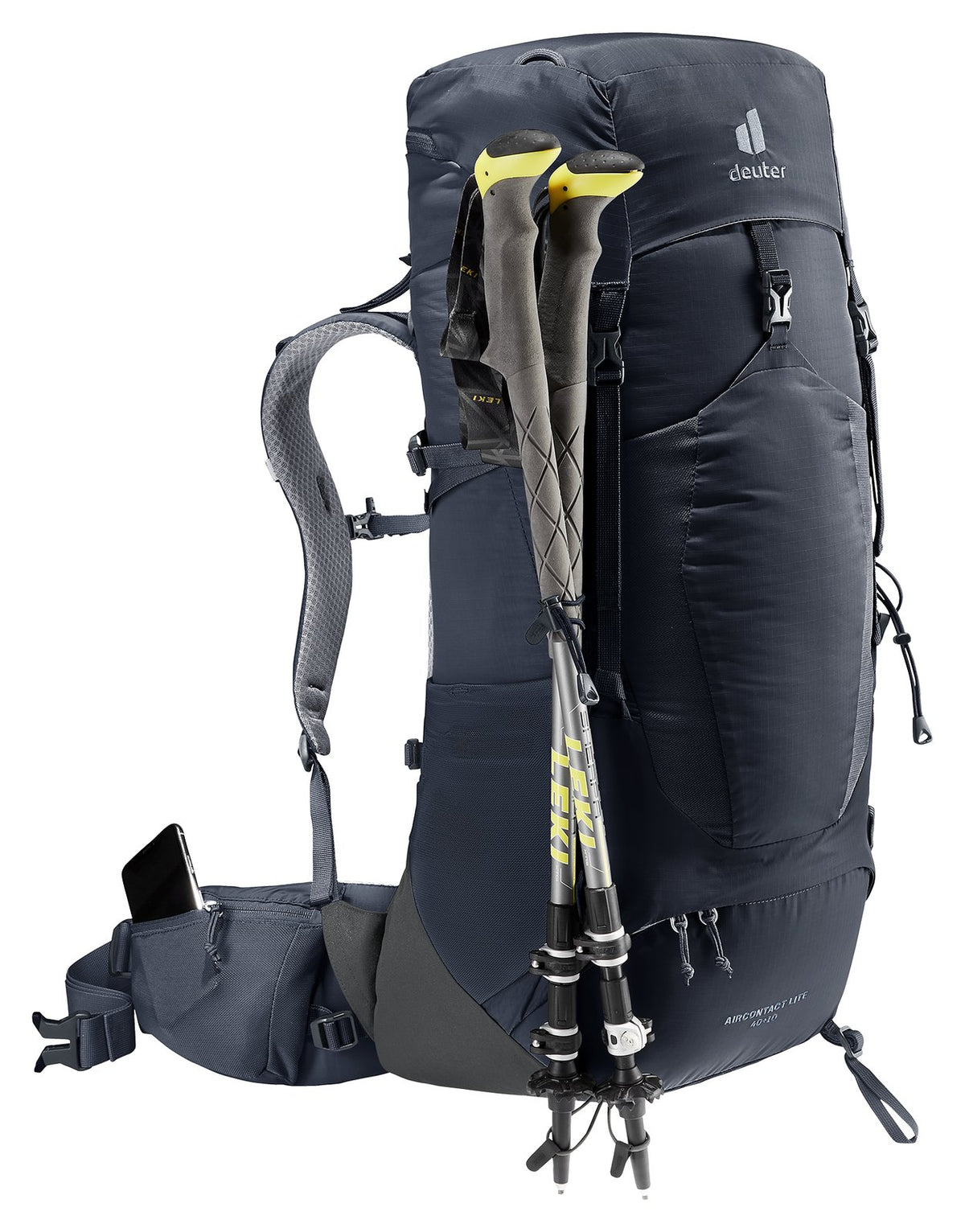 Deuter Aircontact Lite 40 + 10 in Black Graphite carrying trekking poles on the front