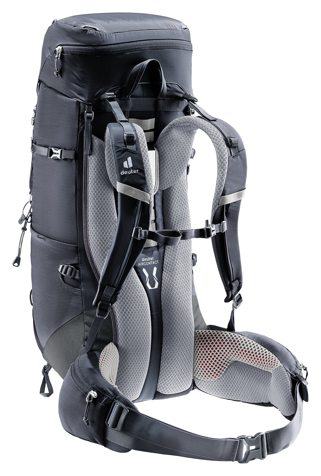 Deuter Aircontact Lite 40 + 10 in Black Graphite, rear three-quarter view of straps and hip belt