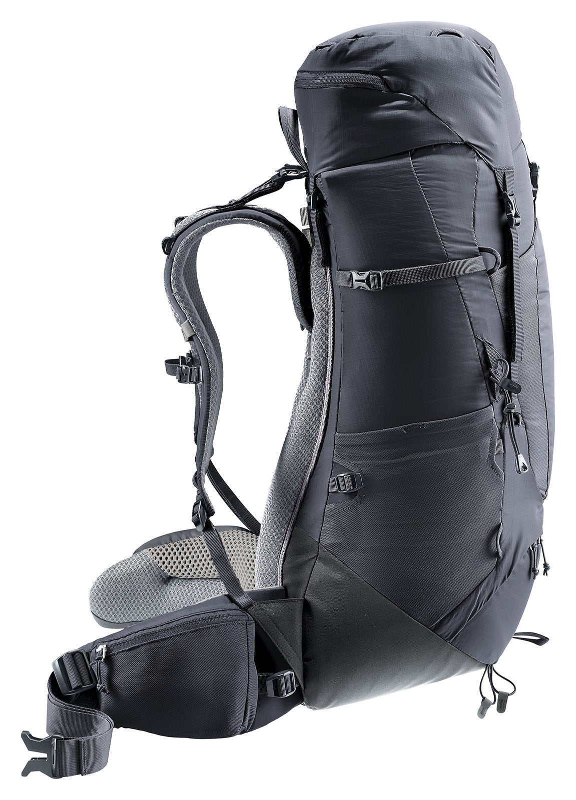Deuter Aircontact Lite 40 + 10 in Black Graphite, side profile of the pack and padded hip fin