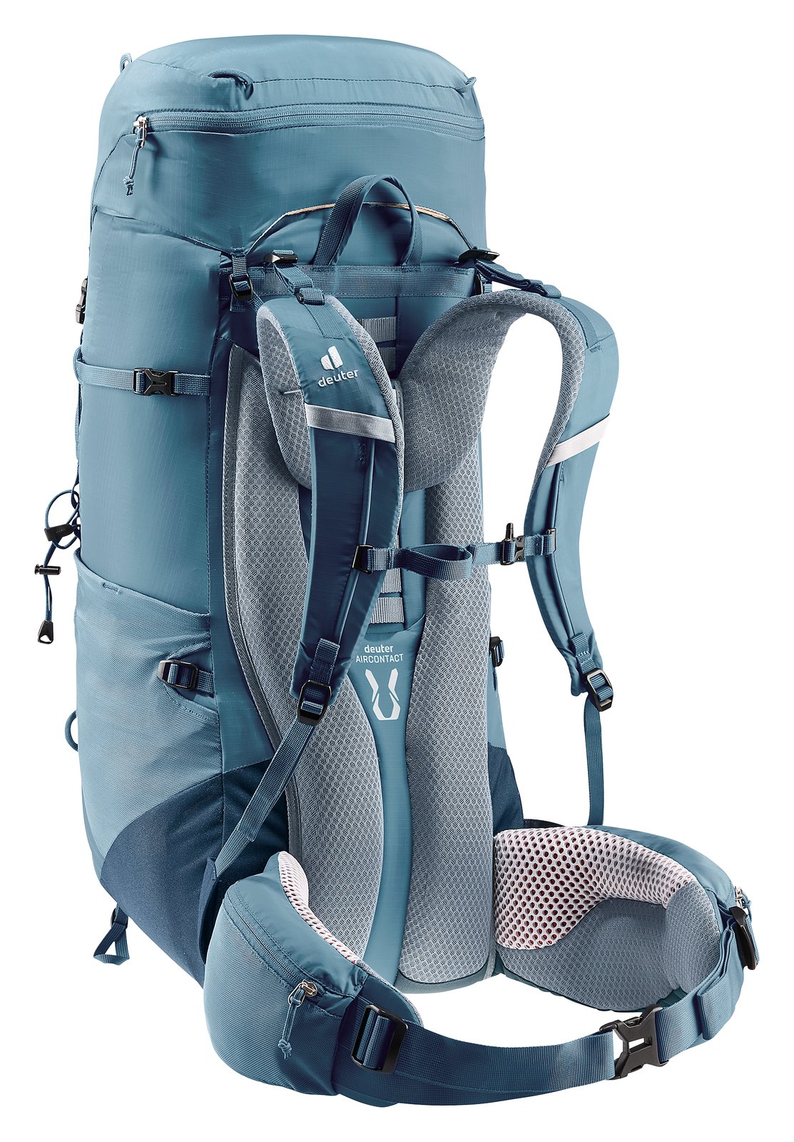 Deuter Aircontact Lite 50 + 10 in Atlantic Ink, rear three-quarter view of the shoulder straps