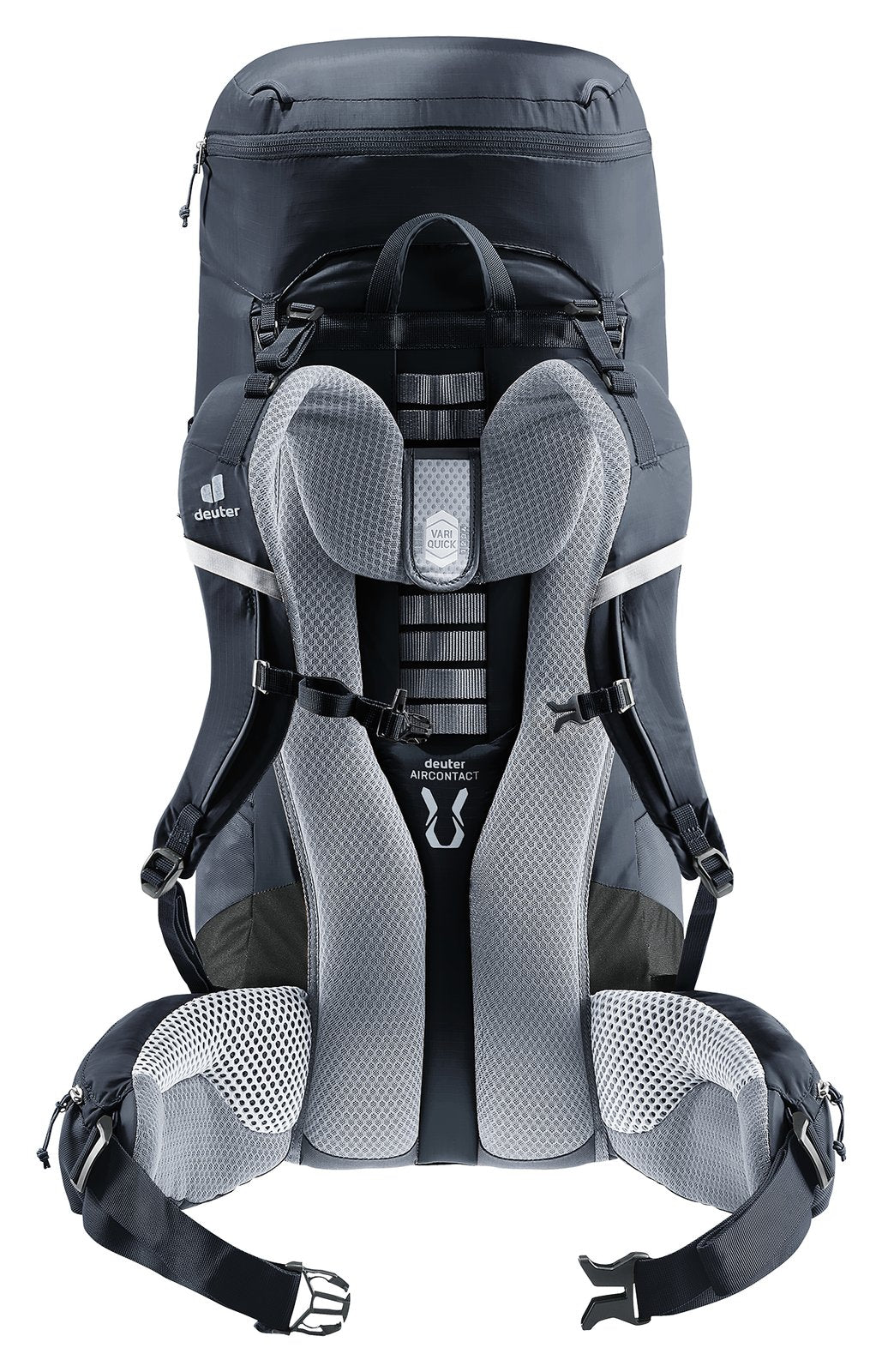 Deuter Aircontact Lite 50 + 10 in Black Graphite from behind, Aircontact back pads and hip belt