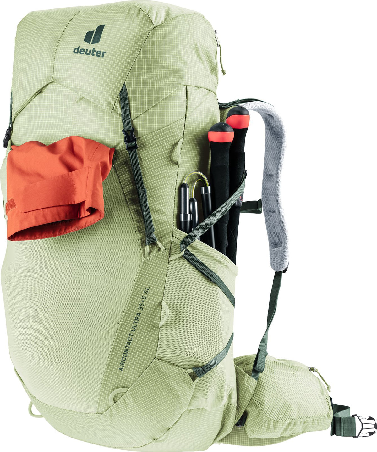 Deuter Aircontact Ultra 35+5 SL with a jacket in the front pocket and poles in the side pocket