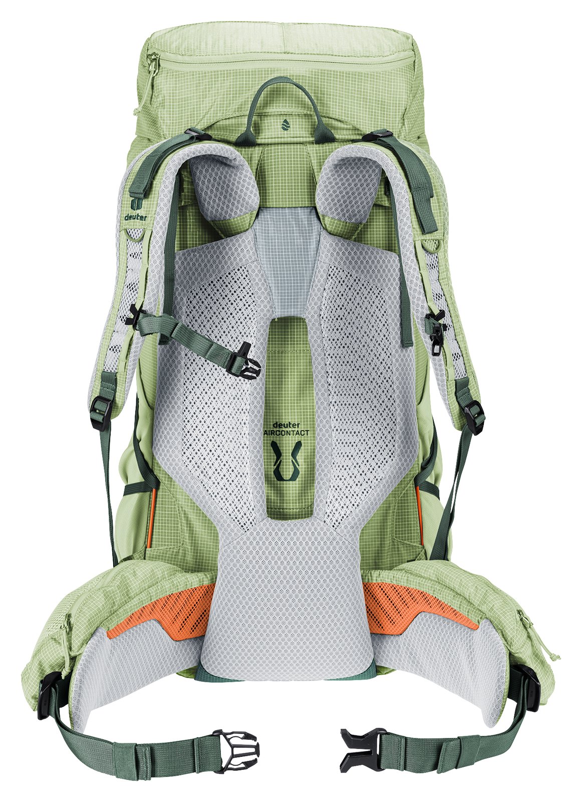 Back of the Deuter Aircontact Ultra 35+5 SL showing the Air Spacer mesh back and padded hip fins