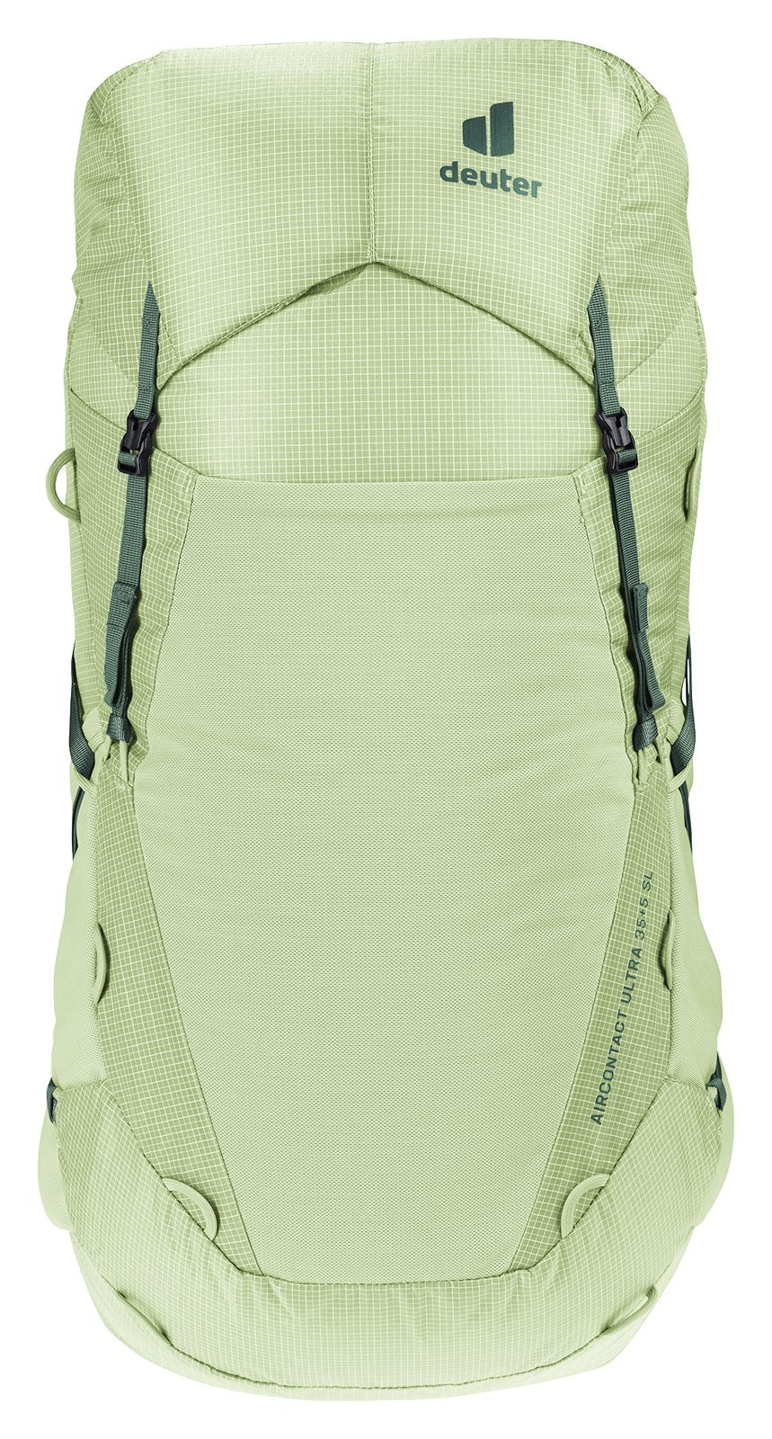 Deuter Aircontact Ultra 35+5 SL in Mineral Ivy, straight-on front view with mesh front pocket