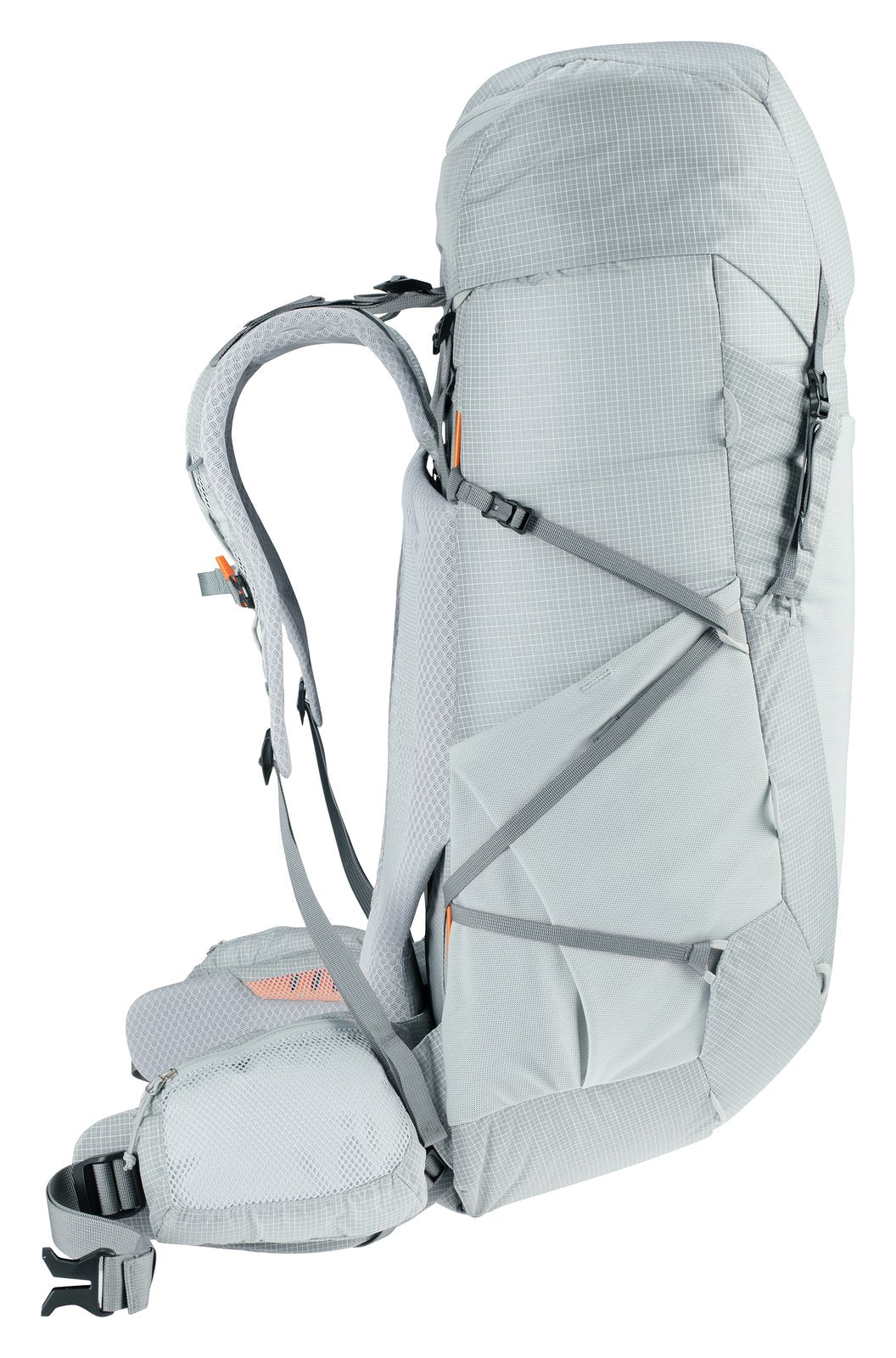 Side profile of the Deuter Aircontact Ultra 45+5 SL with side compression straps and hip fin