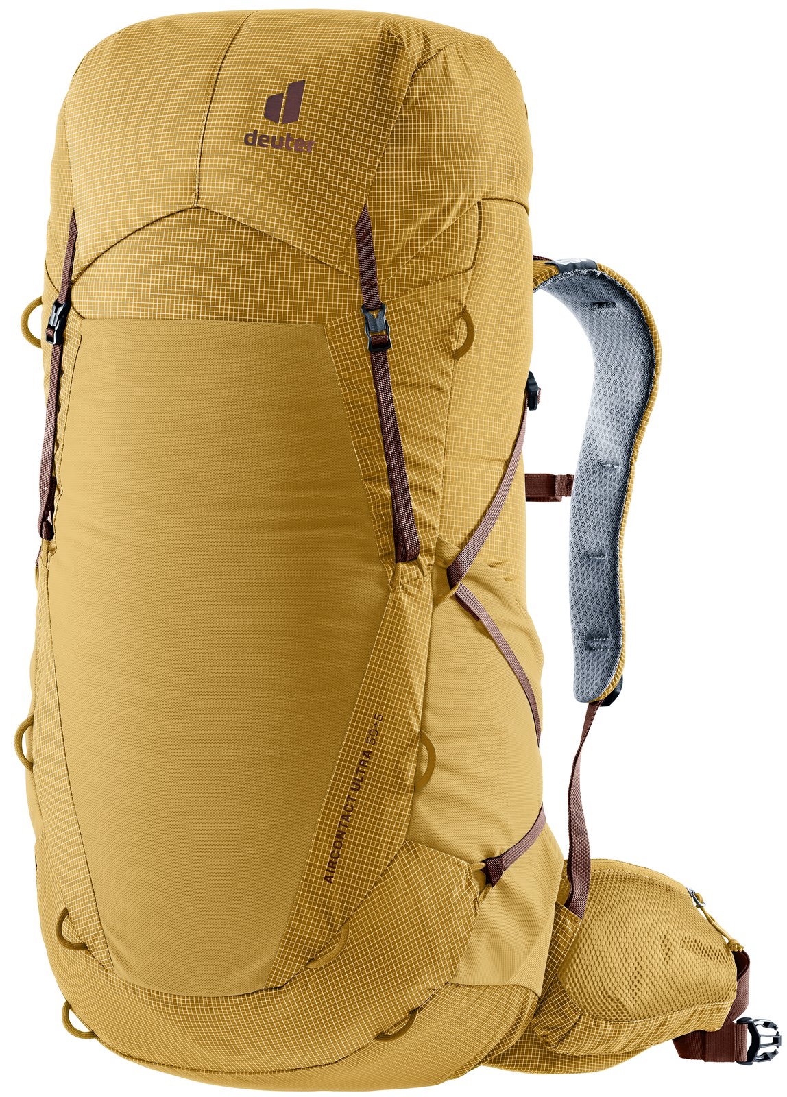 Deuter Aircontact Ultra 50+5 trekking pack in Savanna Raisin, mustard body with raisin-brown straps