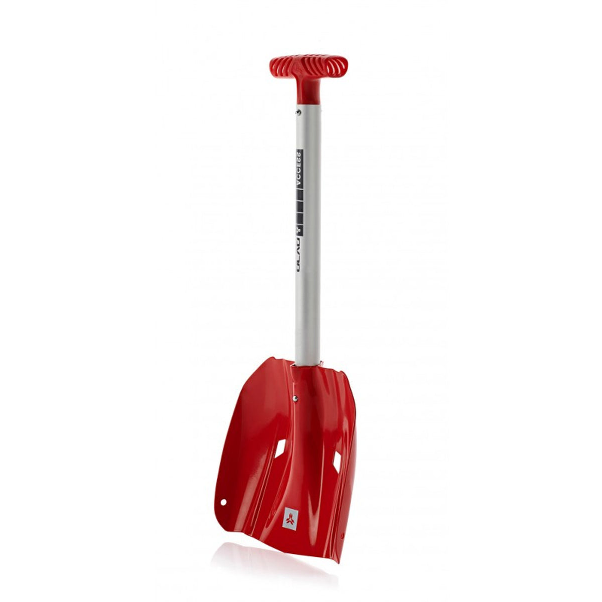 Arva Access avalanche shovel in red, assembled, three-quarter view of the blade, silver shaft and T-handle