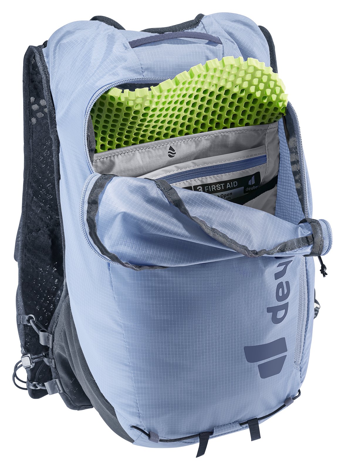 Deuter Ascender 13 in Polar with the main zip open, showing a green foam pad and inner pockets