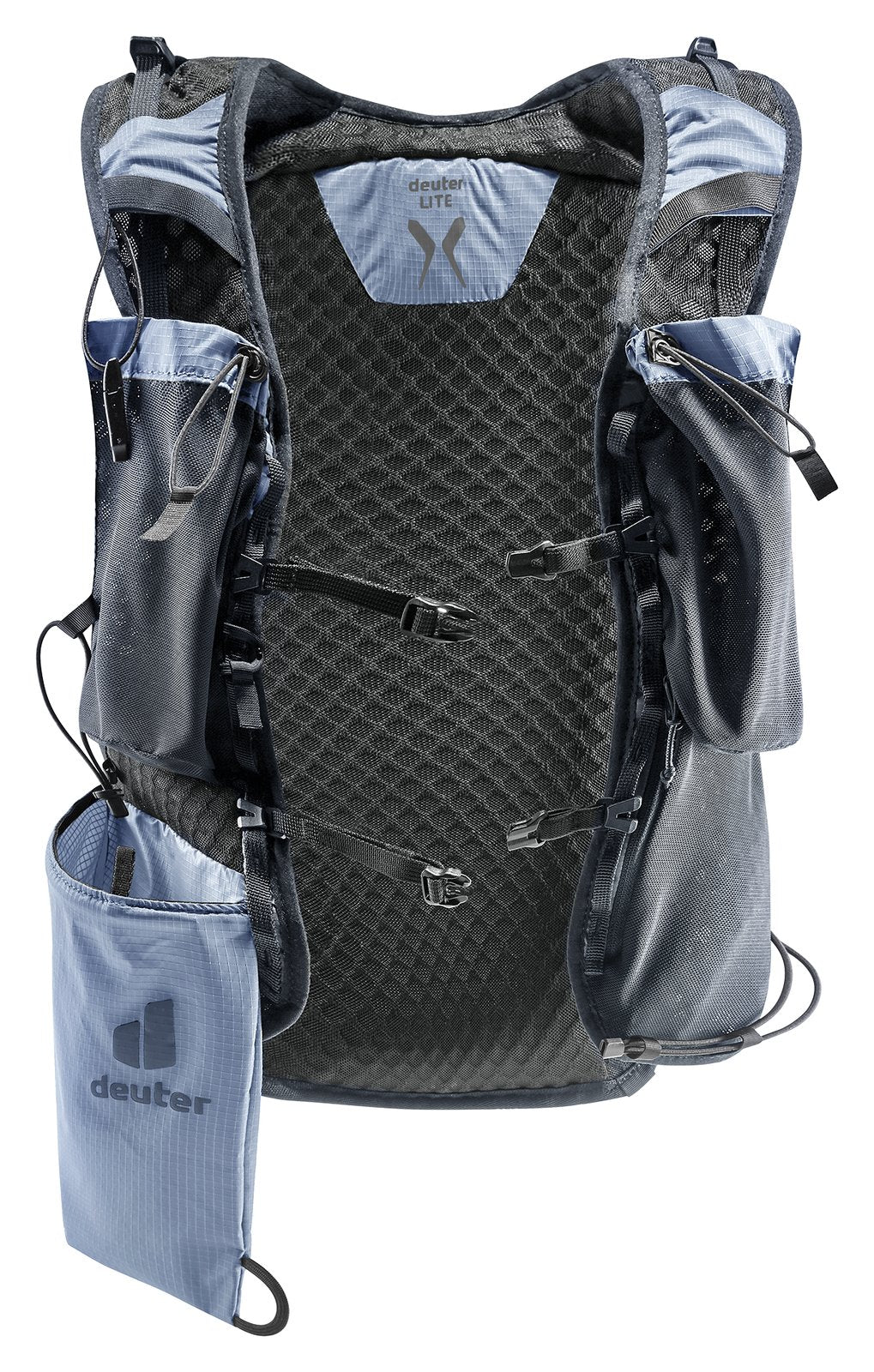 Deuter Ascender 13 in Polar, harness view with chest pouches, sternum straps and pole holster