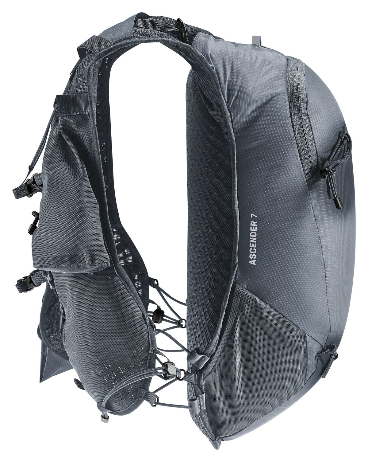 Deuter Ascender 7 in Black, side profile showing the vest straps and side pocket