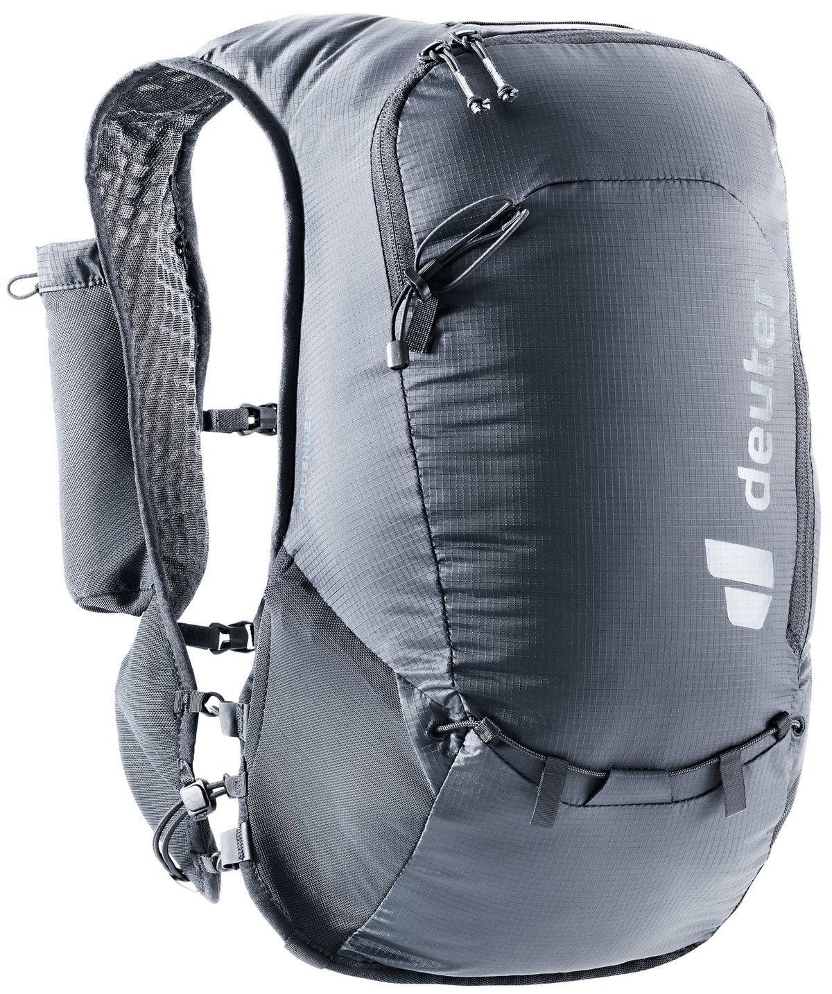 Deuter Ascender 7 in Black, side view with soft flask pouch on the shoulder strap
