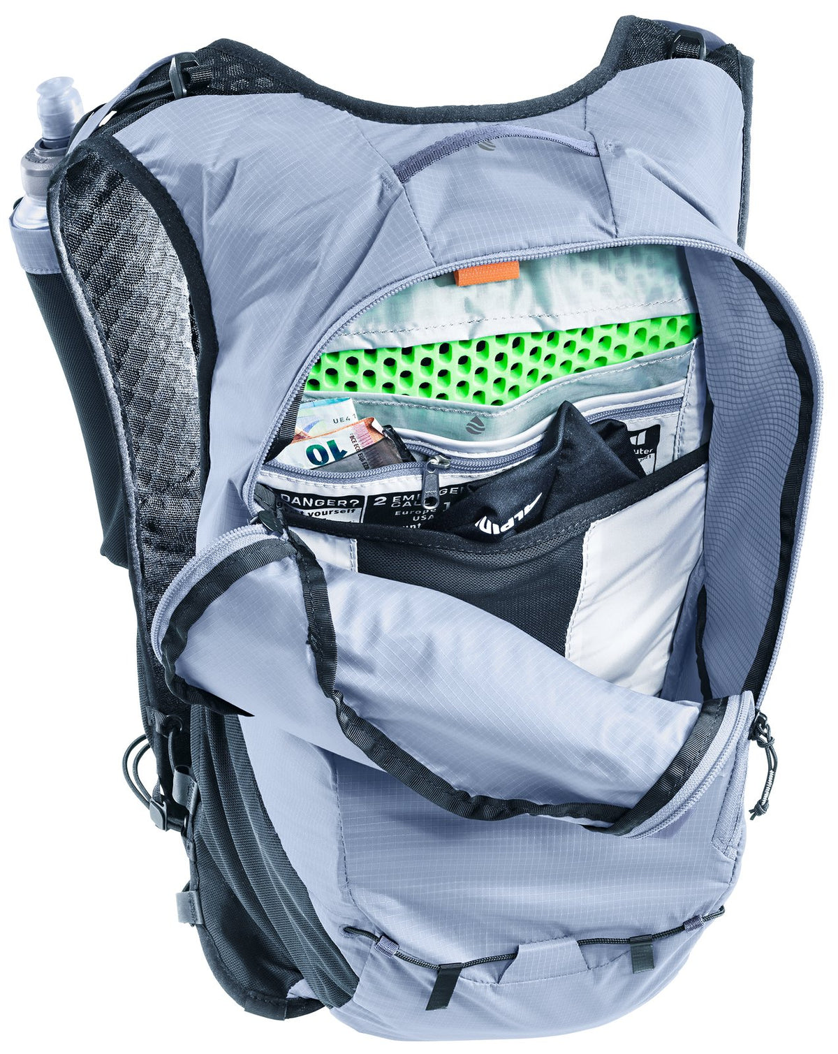Deuter Ascender 7 in Polar opened up, showing the main compartment and inner mesh pocket
