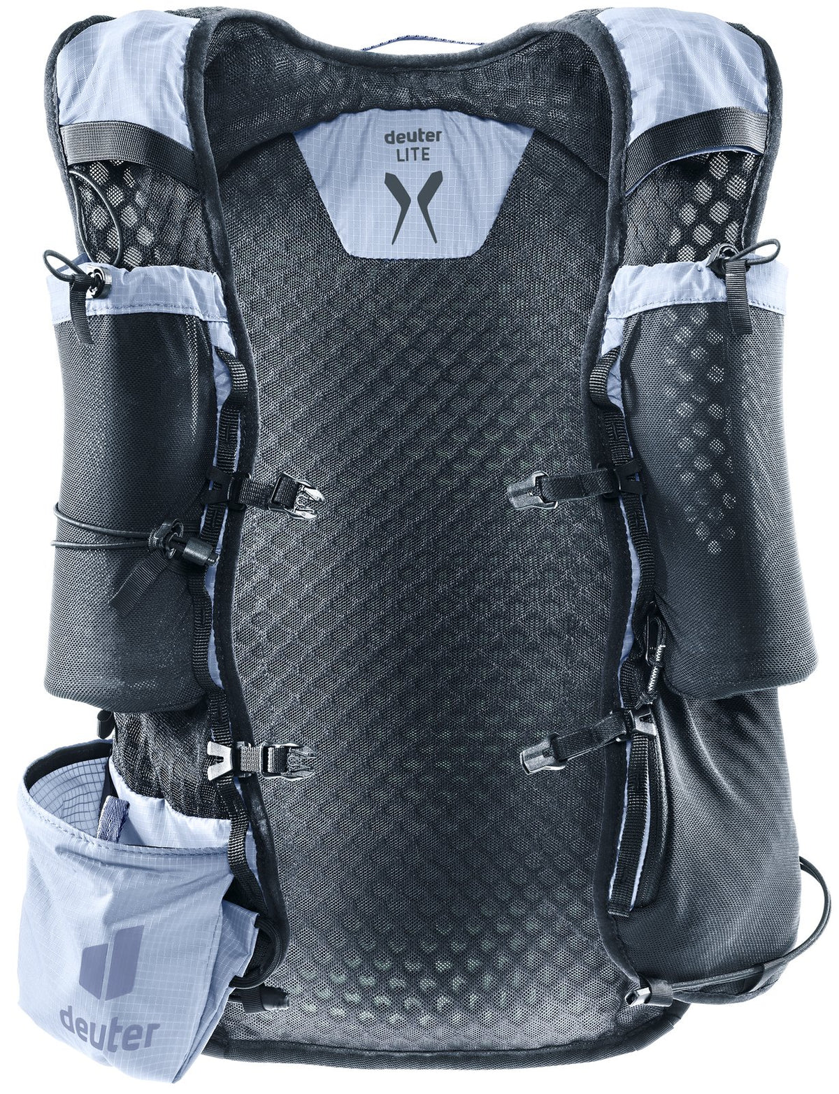 Deuter Ascender 7 in Polar, harness side with perforated back panel and flask pouches
