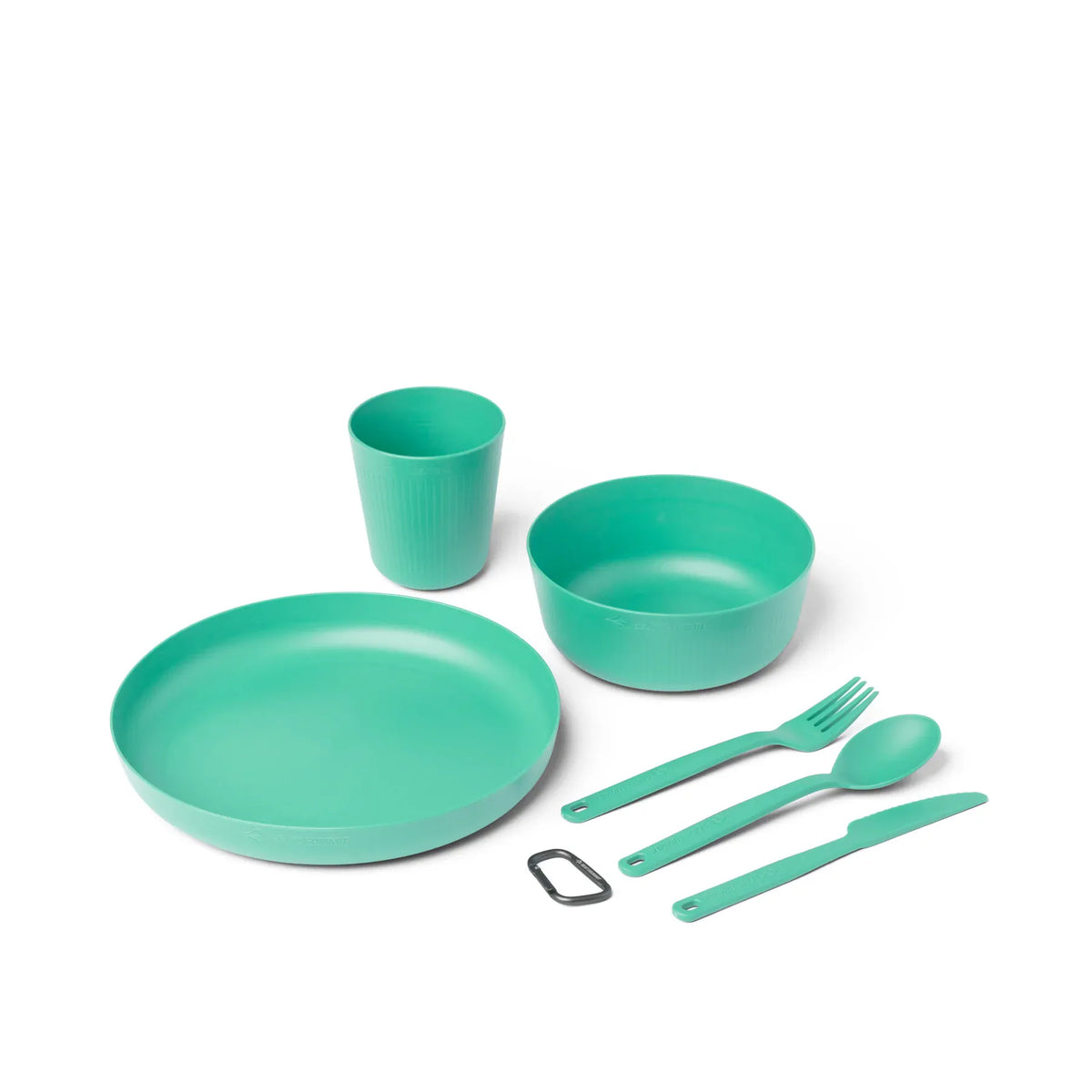 Cabbage green Camp Dinnerware Set laid out: plate, bowl, cup, knife, fork, spoon and carabiner