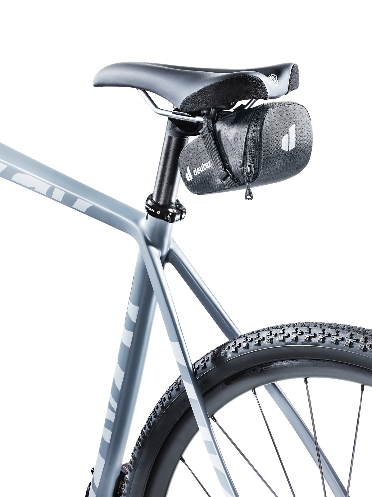Deuter Bike Bag 0.5 strapped under the saddle of a grey gravel bike