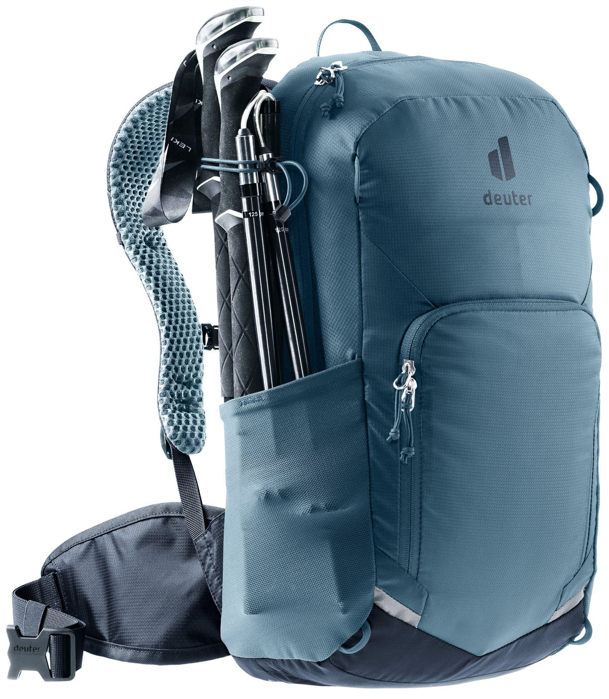 Deuter Bike I 20 in Atlantic Ink with trekking poles stowed on the side