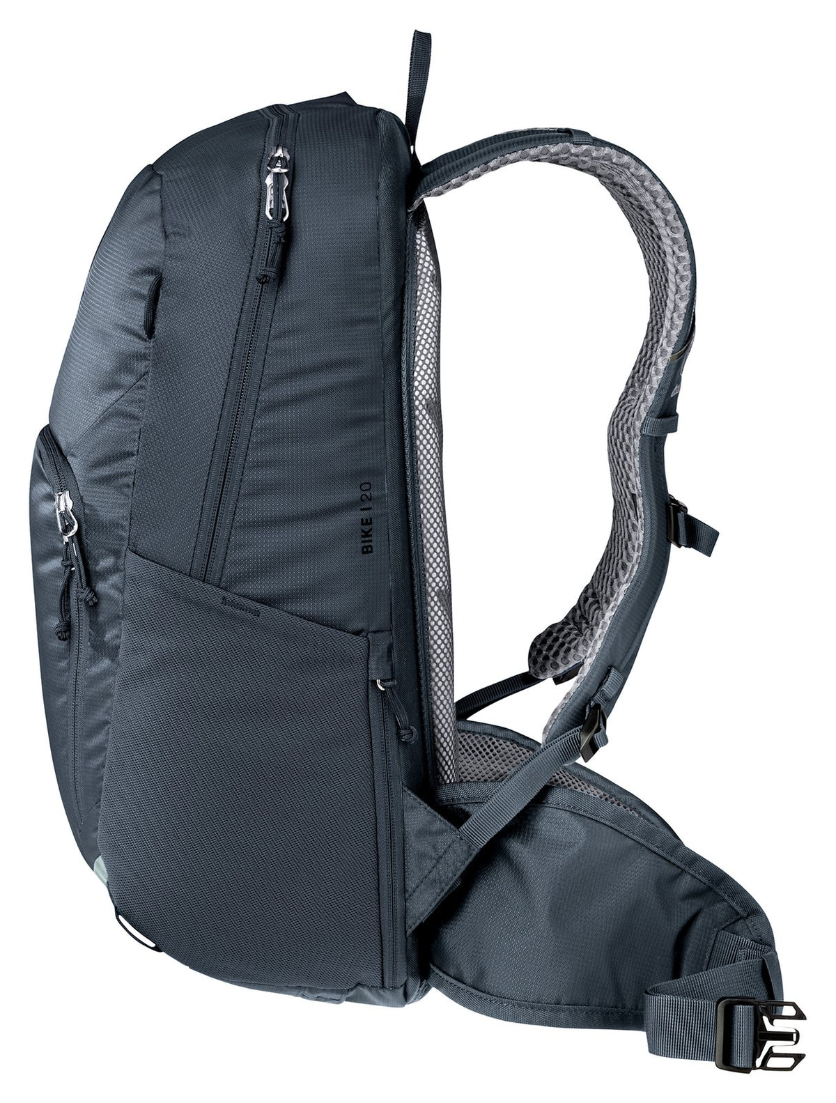 Deuter Bike I 20 in Black, side view of the slim profile and hip fin