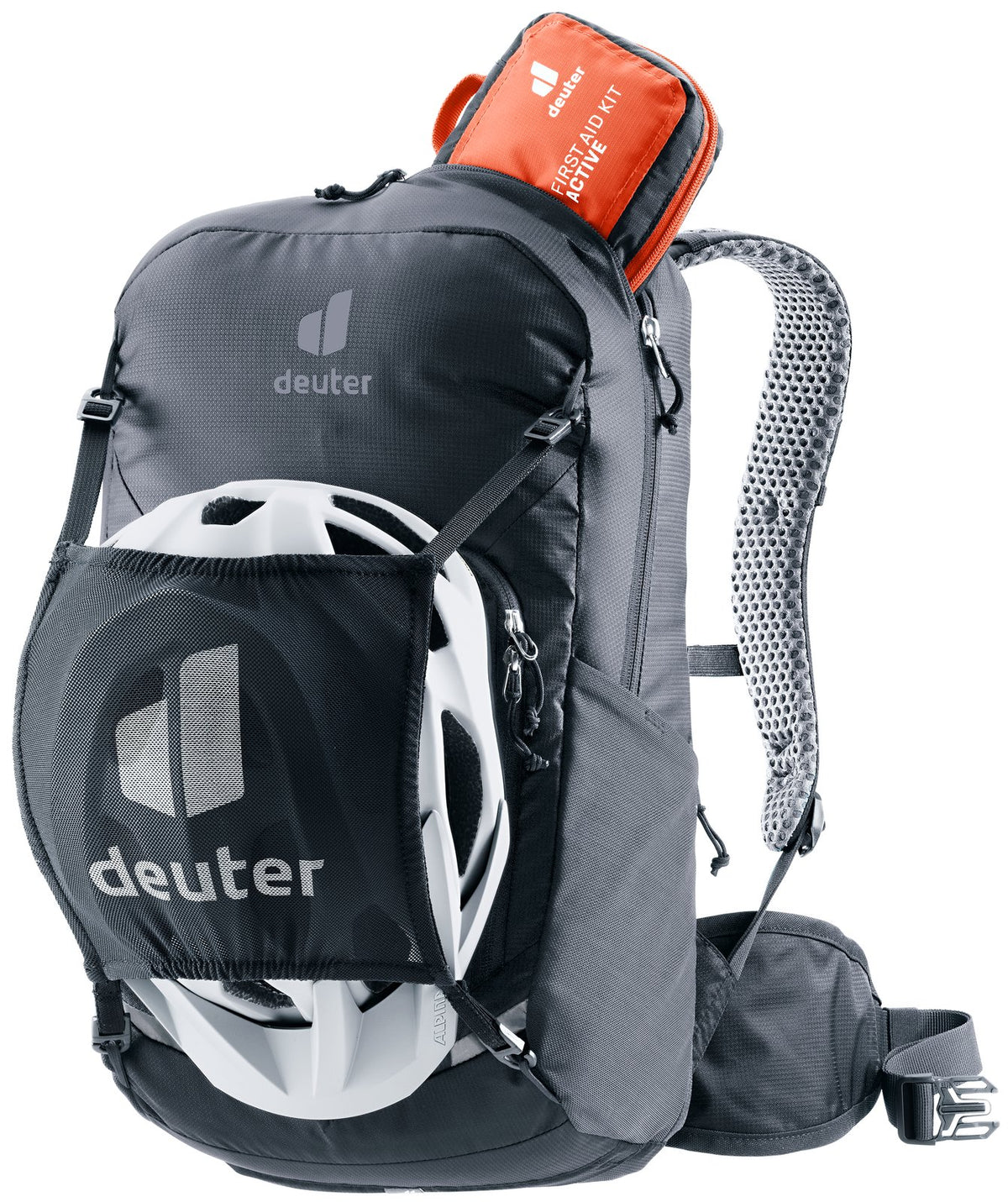 Deuter Bike I 20 in Black carrying a bike helmet in the detachable mesh helmet holder