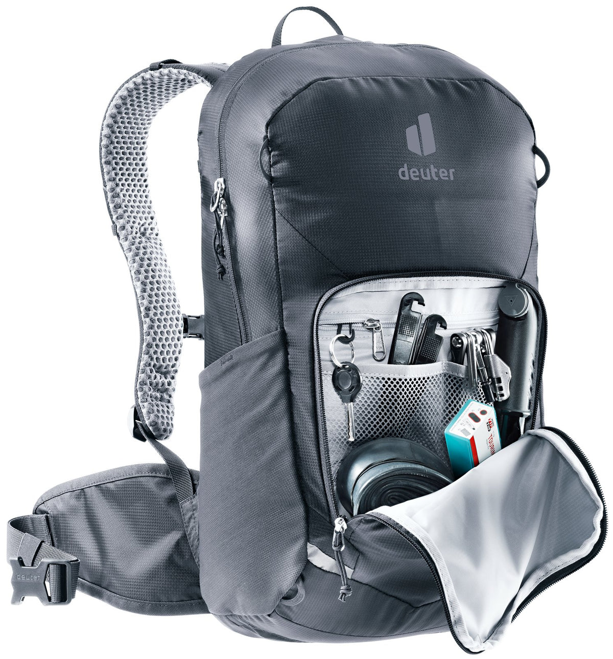 Deuter Bike I 20 in Black with the front pocket open, tools held in the organiser