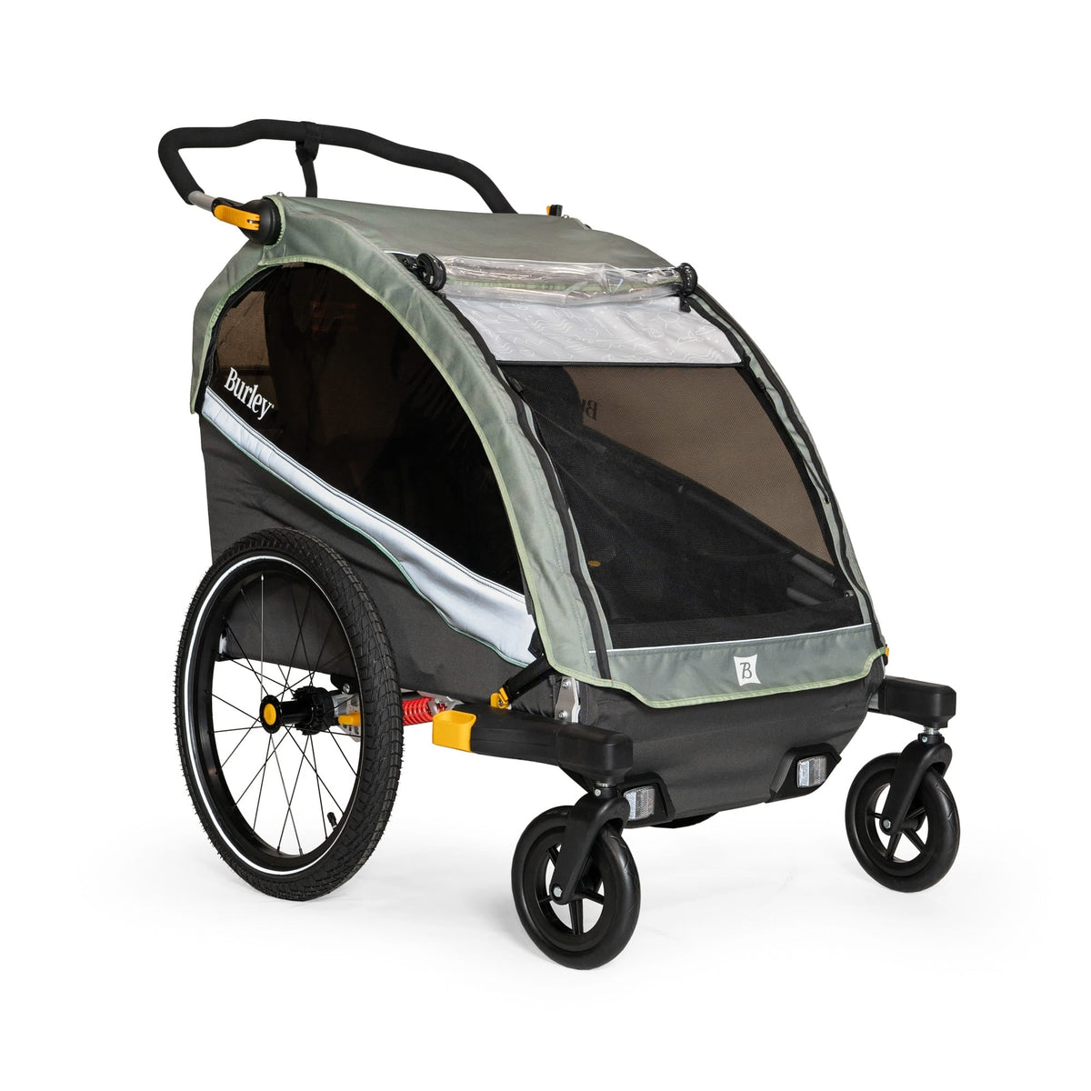 Grey-green Burley trailer in stroller mode on the 2-Wheel Stroller Kit's twin front wheels