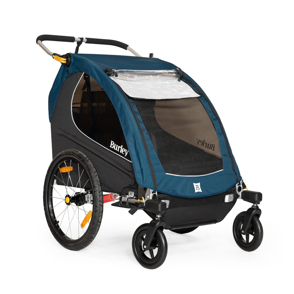 Blue Burley trailer set up as a stroller with the 2-Wheel Stroller Kit fitted at the front