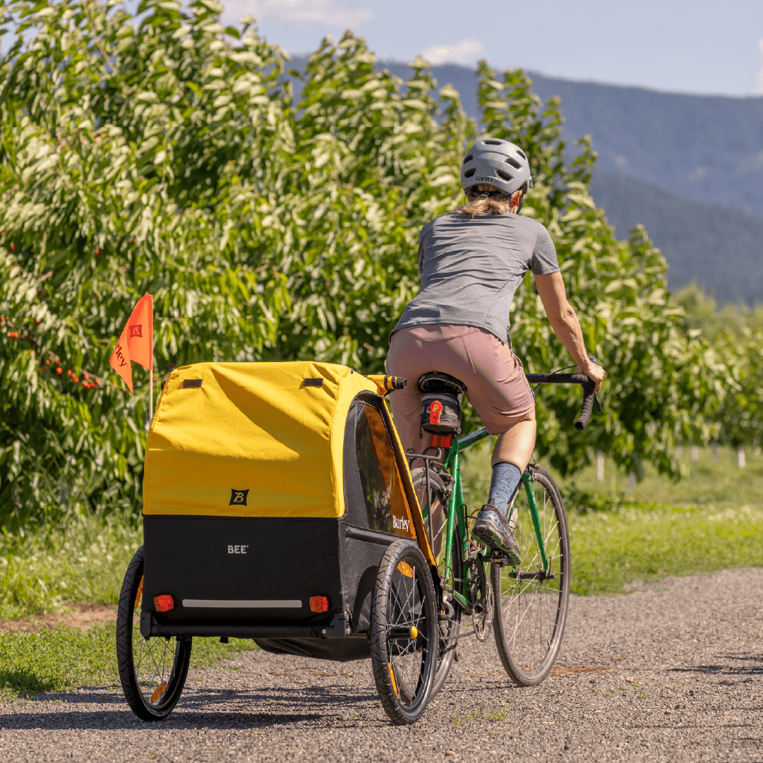 Rider towing a yellow Burley Bee trailer along a gravel path
