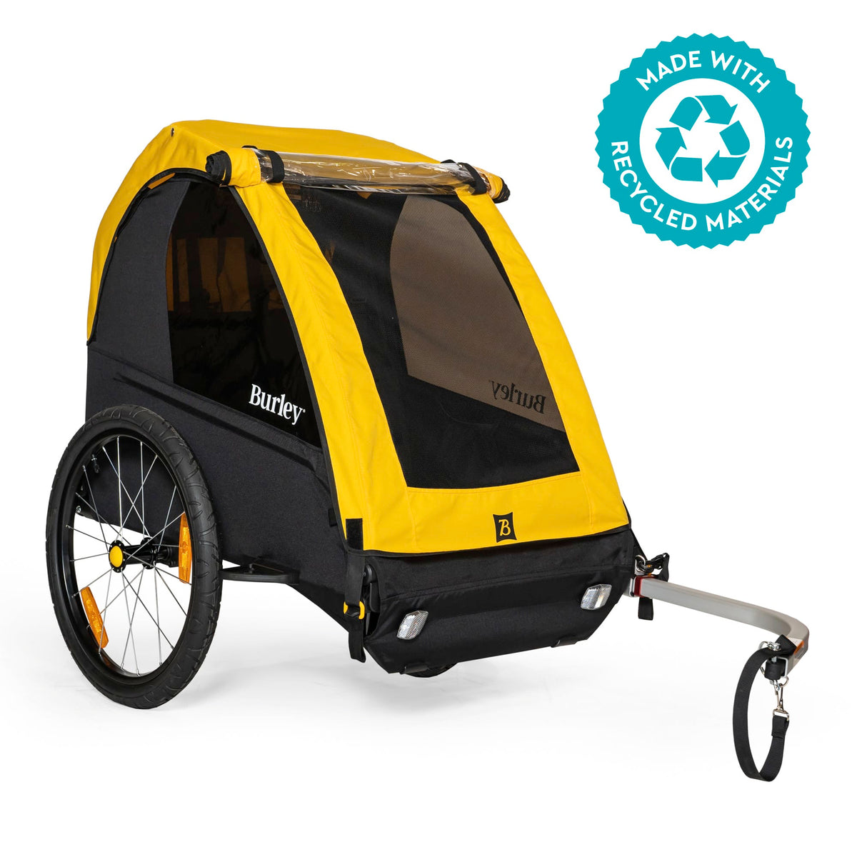 Burley Bee Double kids bike trailer in yellow and black, front three-quarter view with hitch arm