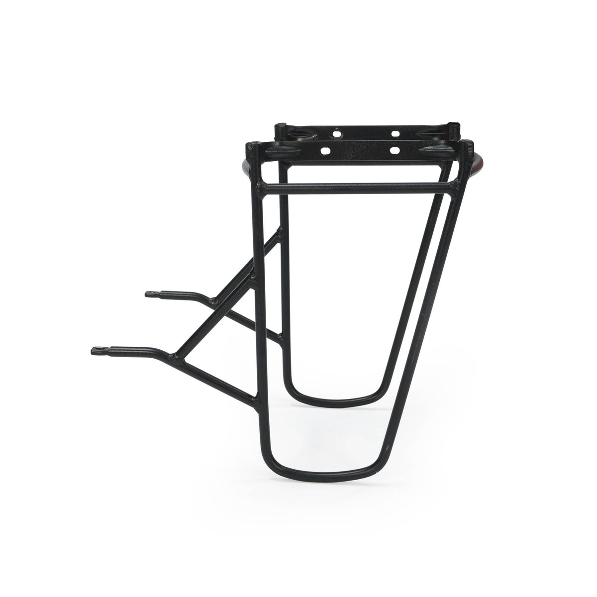 Side view of the black Burley Coho Pannier Rack showing its looped side rails and angled support struts