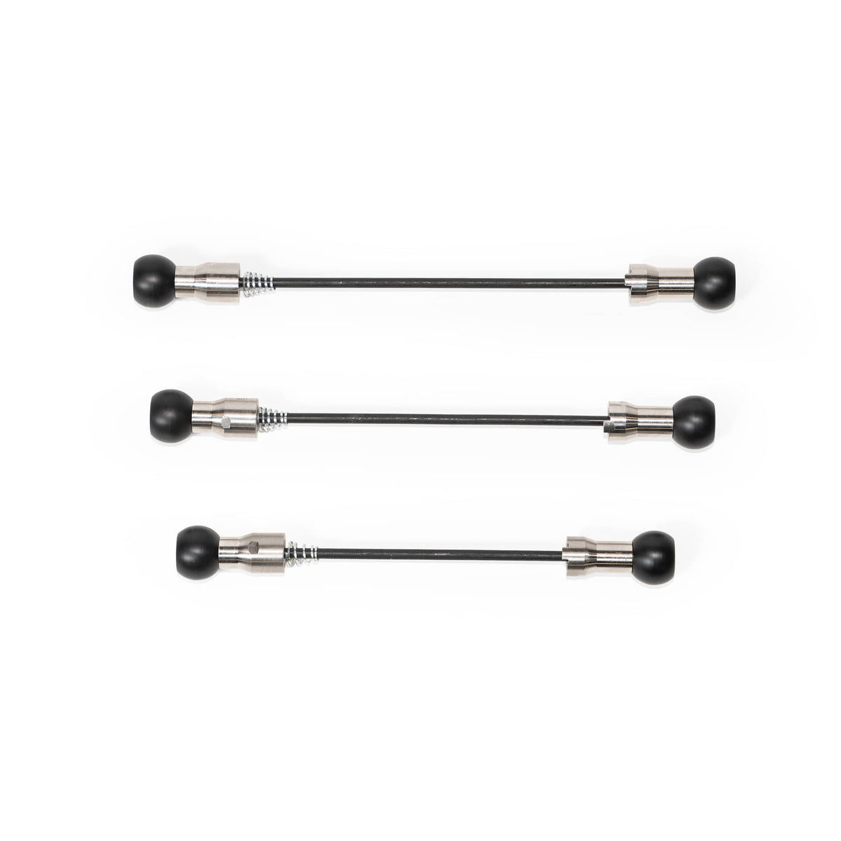 Three Burley Coho 5mm Skewers in different lengths, black shafts with silver and black end fittings