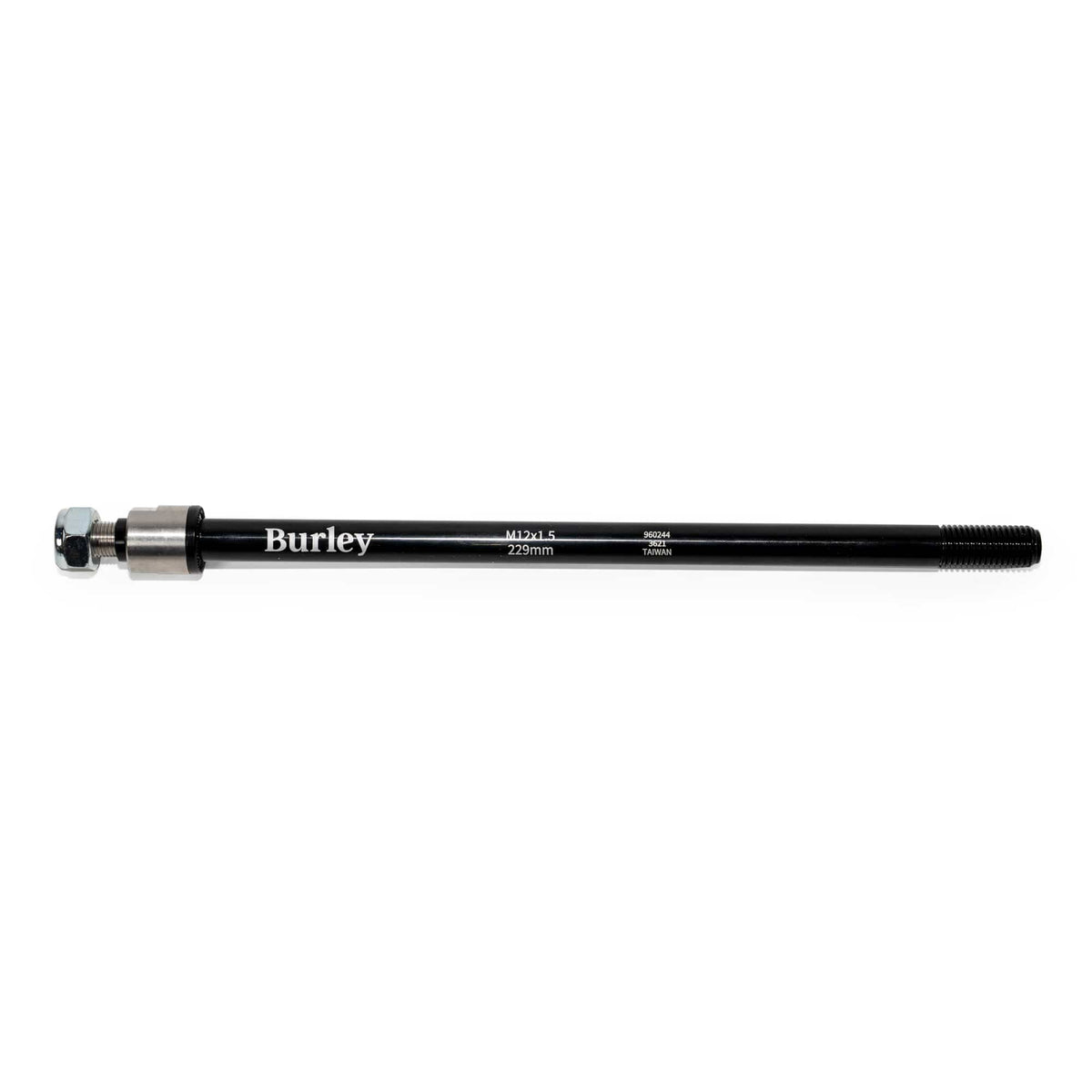 Long Burley Thru Axle with a slim black shaft and silver end fitting, shown on its own