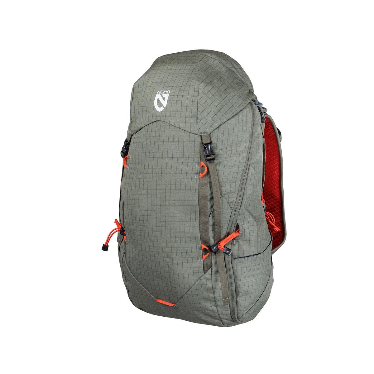 Nemo Resolve Men's 35L in Smokey Olive at an angle, red back panel lining visible