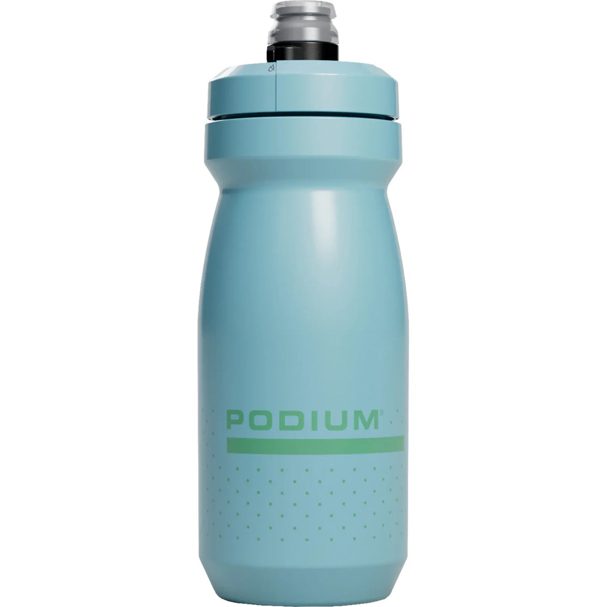 CamelBak Podium bottle in Crystal Blue with green Podium logo, front view
