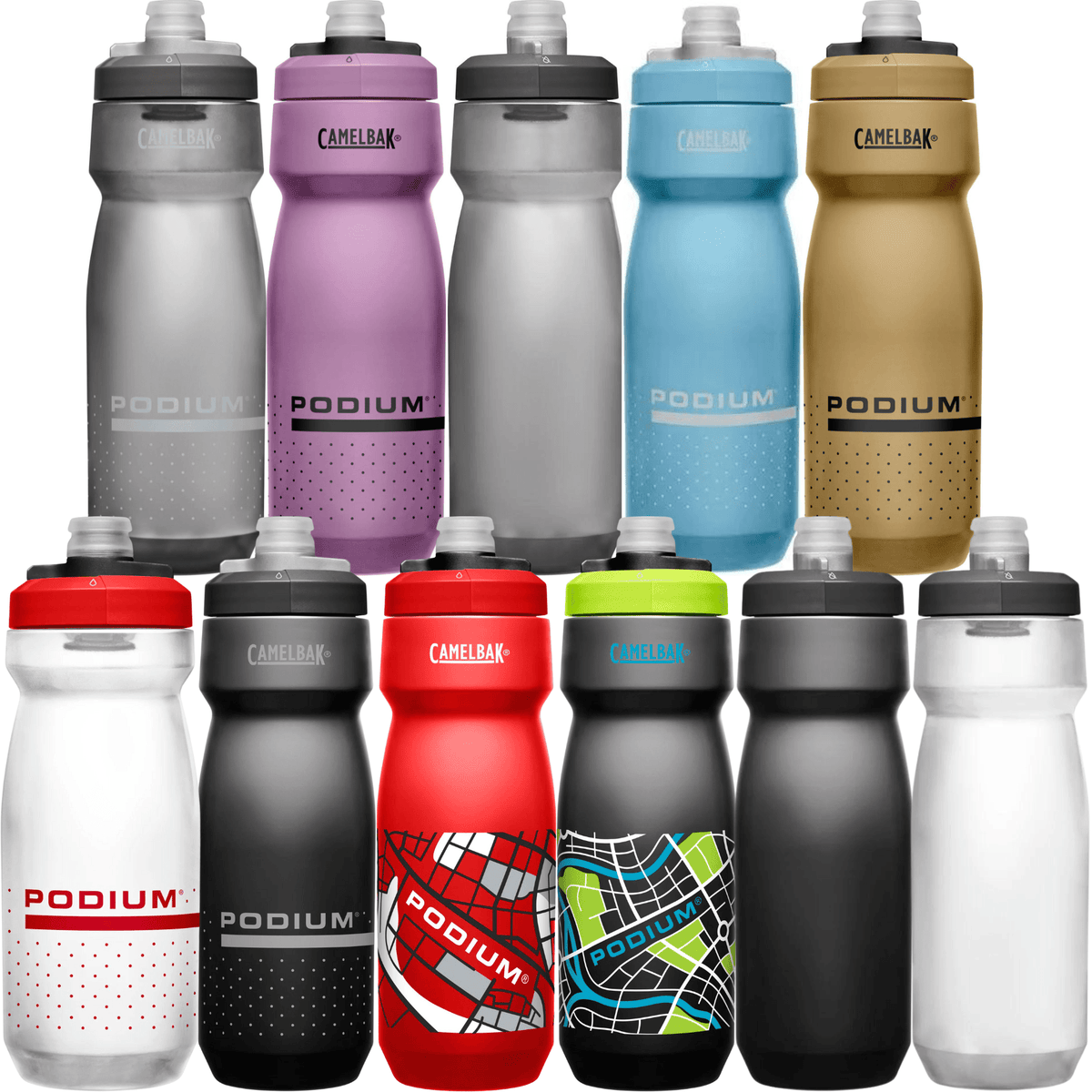 Line-up of eleven CamelBak Podium bottles in different colours and prints