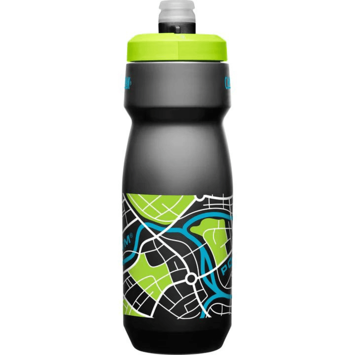 Black Podium bottle with lime cap turned to show the street map print wrapping the body