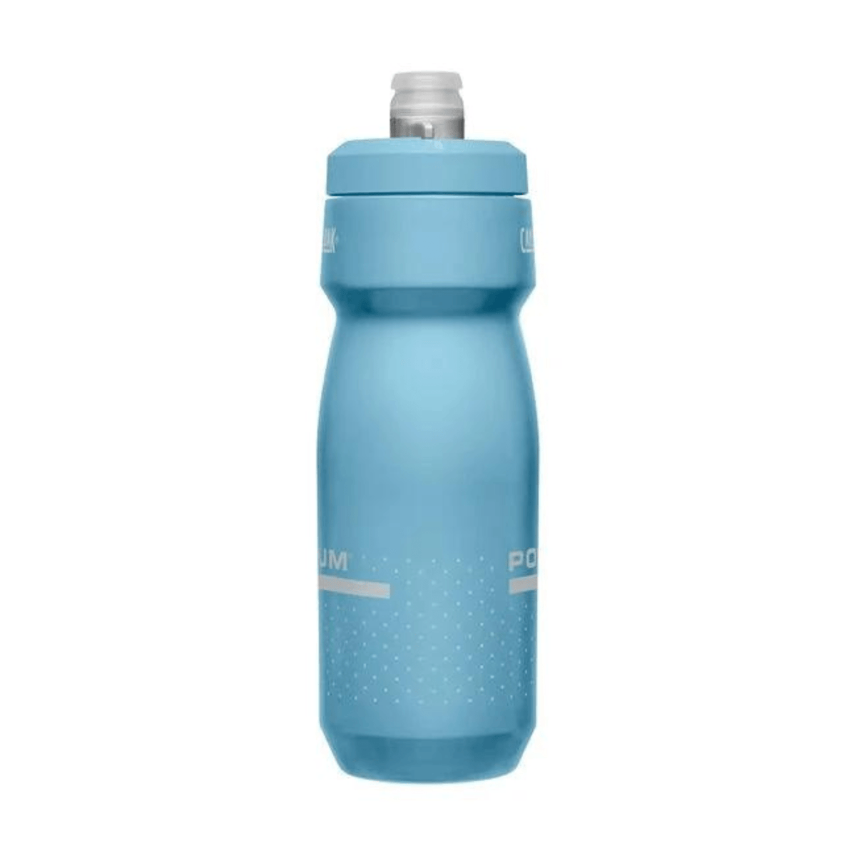 Taller light blue Podium bottle turned to the side, logo wrapping around both edges