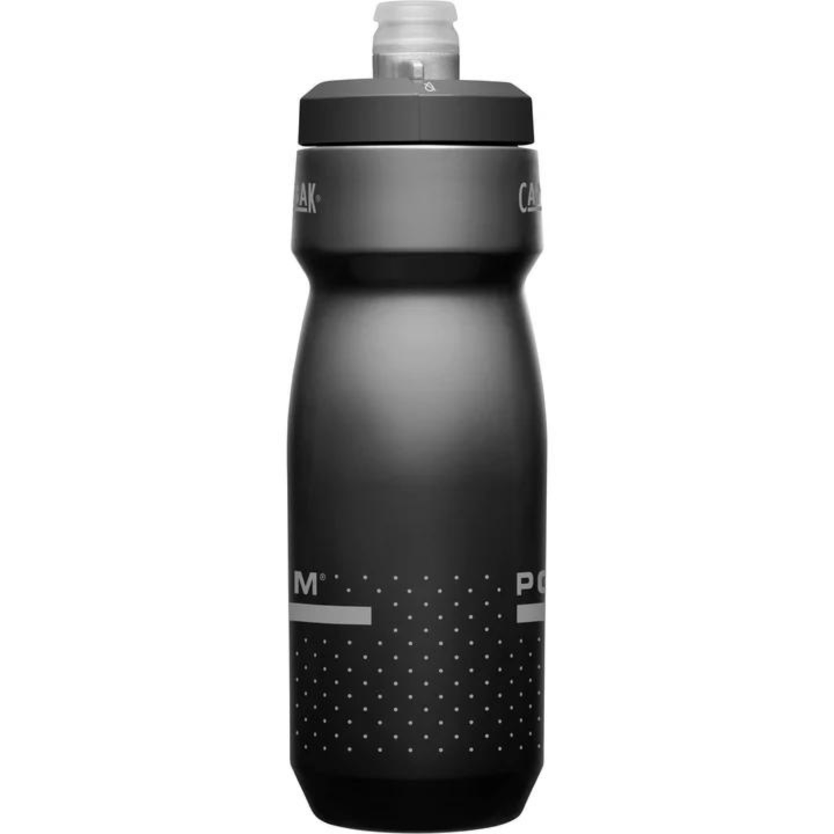 Taller Black Podium bottle turned to the side, grey dot pattern wrapping the body