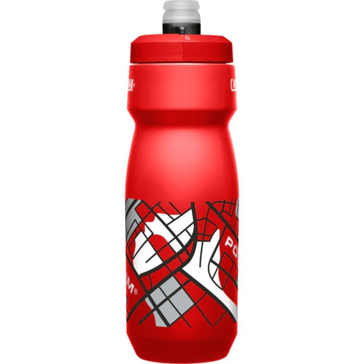 Taller red Podium bottle turned to show the street map print wrapping the body