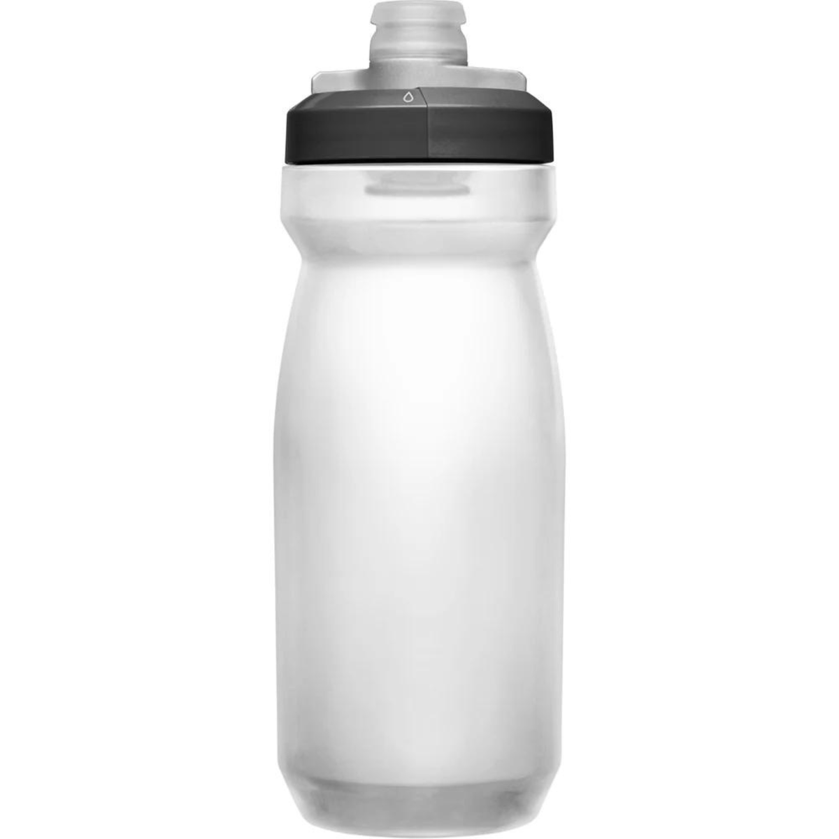 Clear Podium bottle with black cap seen at a slight angle, no logo visible