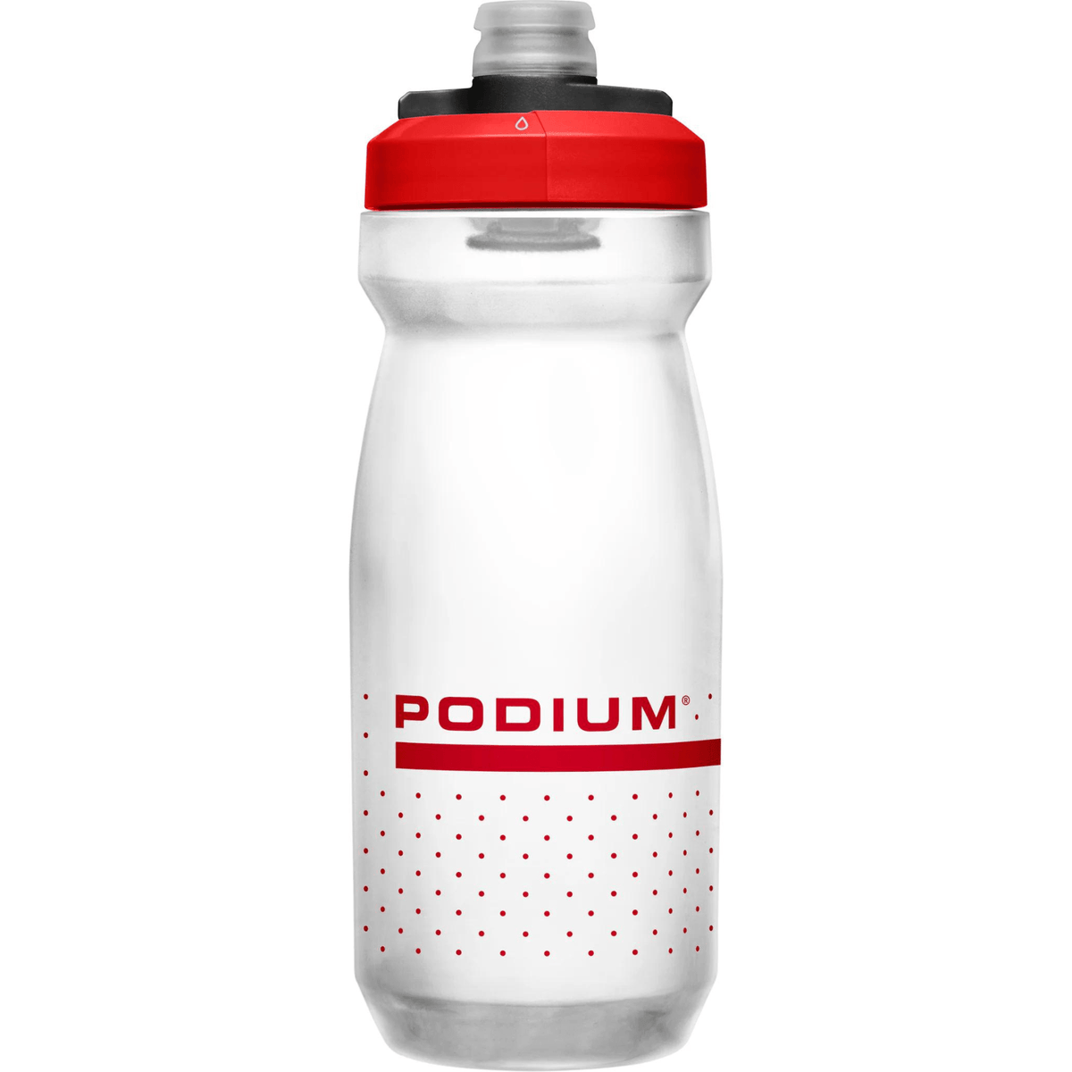 CamelBak Podium bottle in clear with red cap and red Podium logo, front view