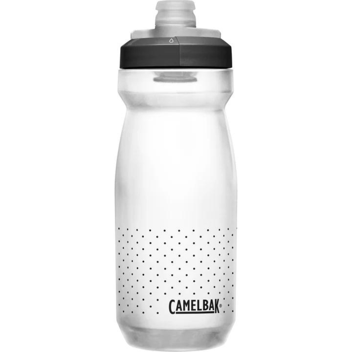 Back of the clear Podium bottle with black cap, CamelBak logo near the base