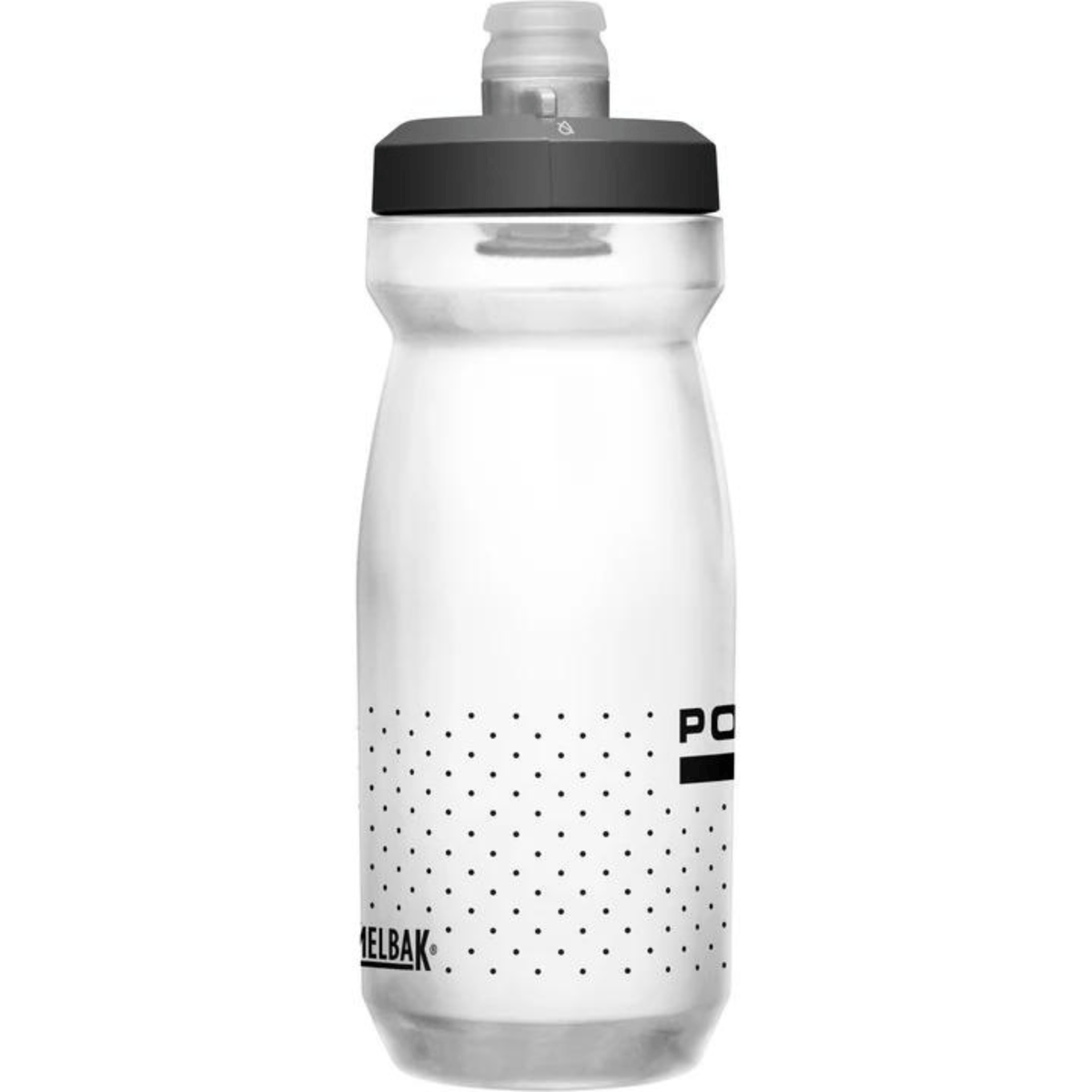 Clear Podium bottle with black cap, quarter turn with the logo wrapping from the right