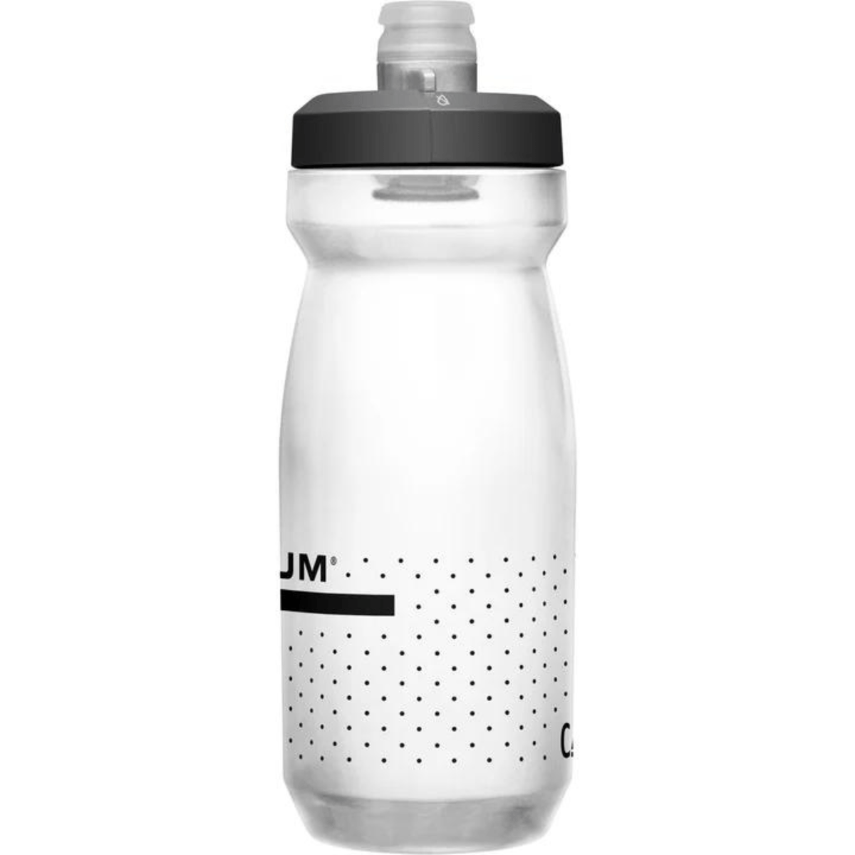Clear CamelBak Podium bottle with black cap, turned to show the edge of the Podium logo