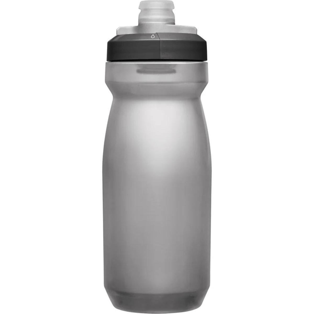 Smoke grey Podium bottle with black cap, plain side view
