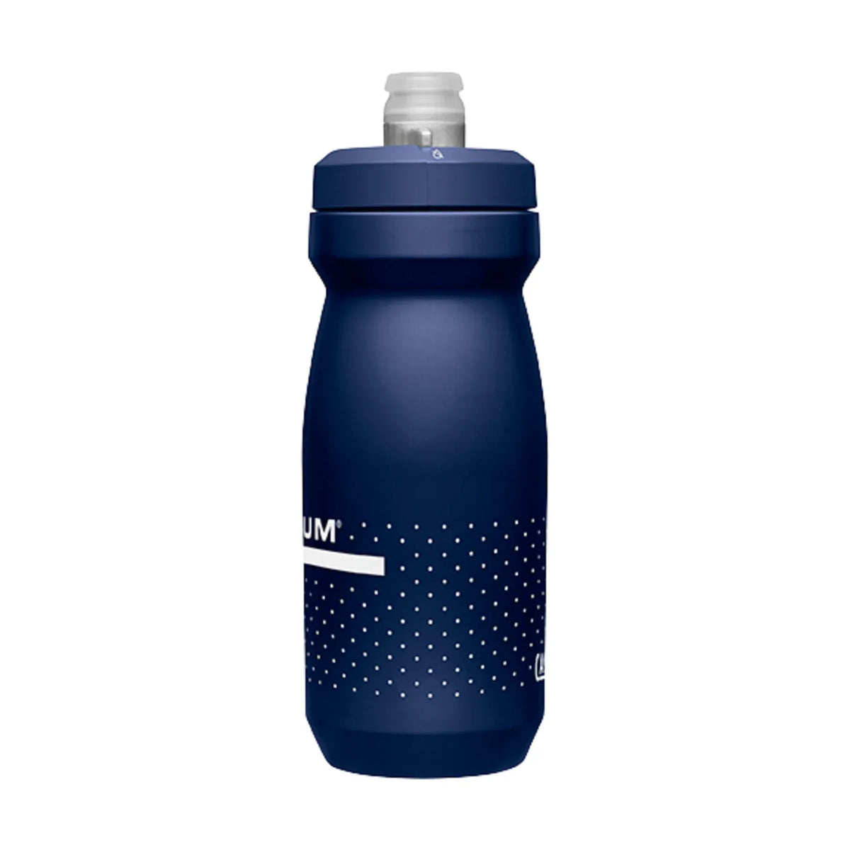 Navy Blue Podium bottle turned to the side, white dot pattern wrapping the body