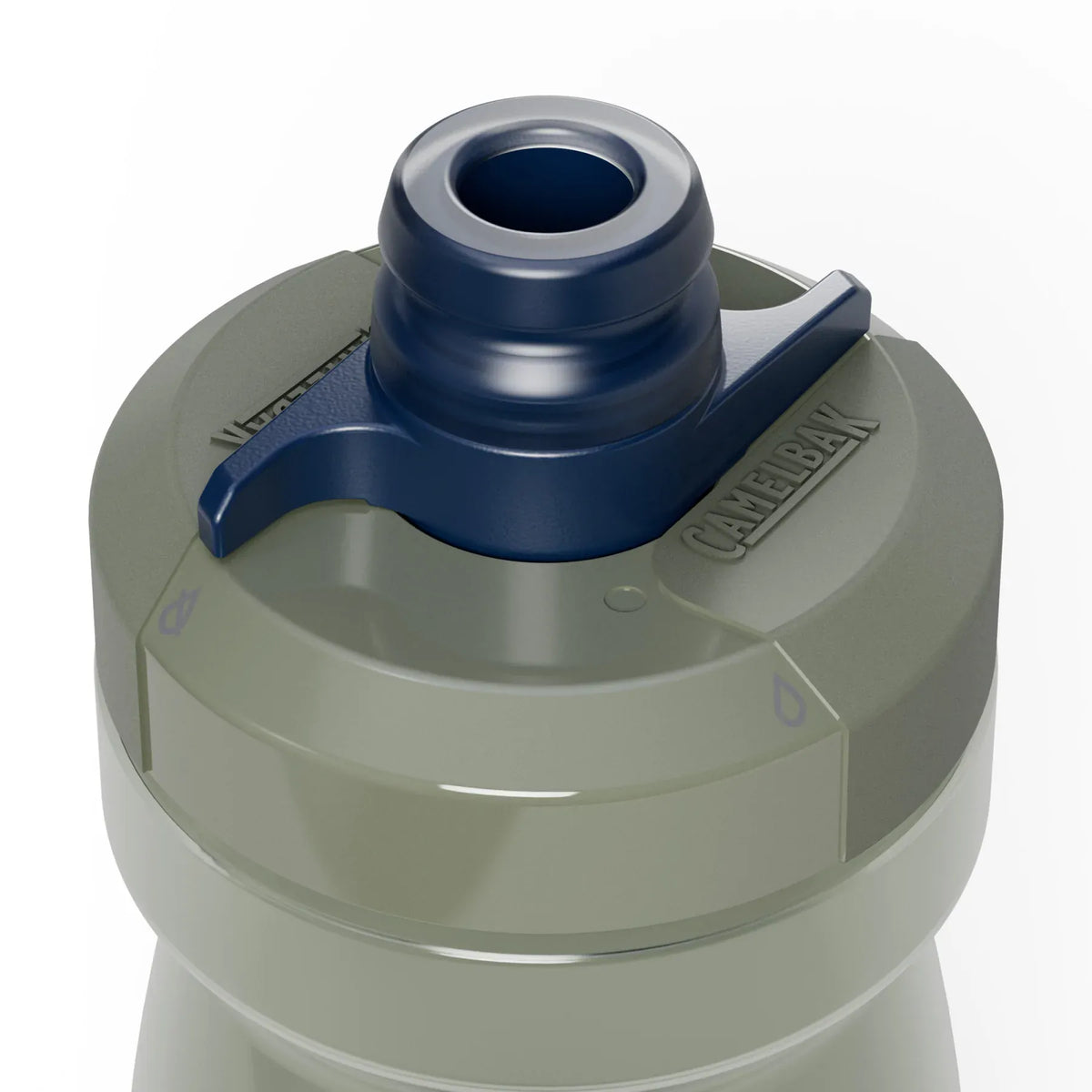 Close-up of the Mercury Fog Podium cap, grey-green with a navy nozzle and valve lever