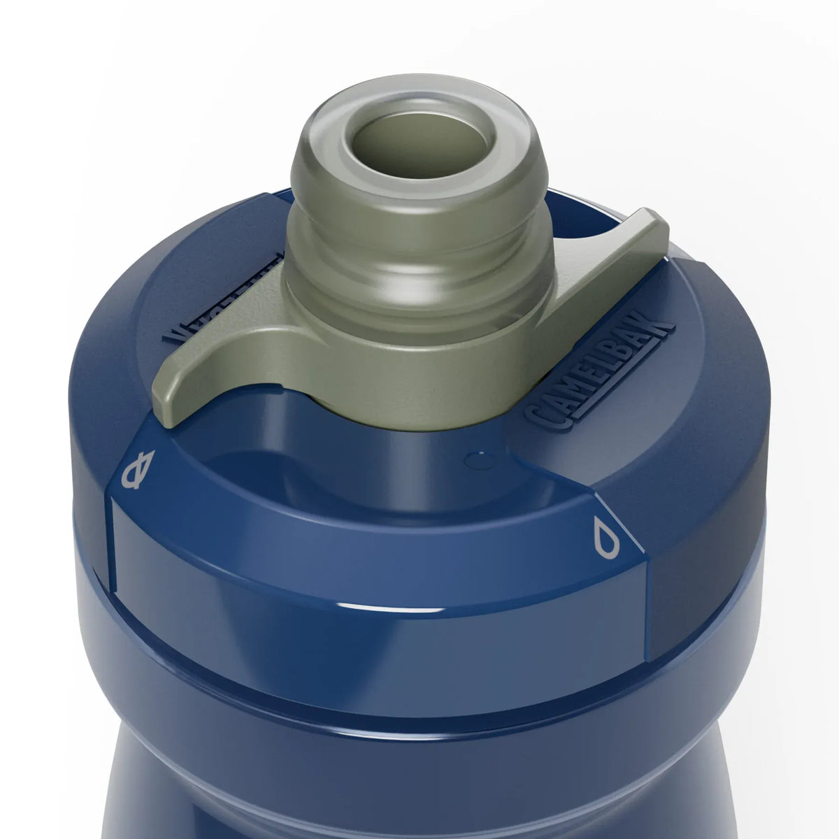 Close-up of the Mercury Deep Sea Podium cap, navy with an olive nozzle and valve lever